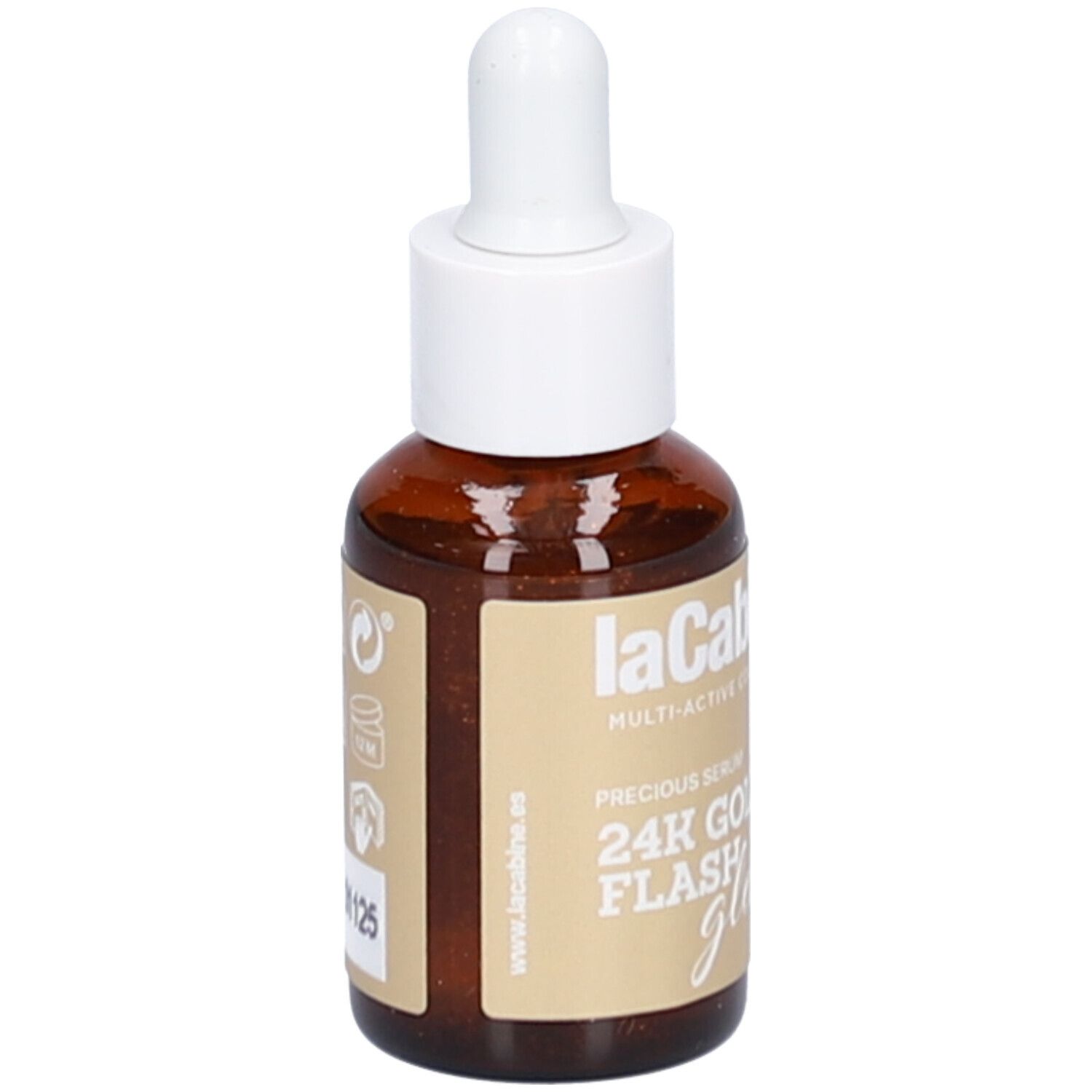 Flacon en verre brun avec compte-gouttes blanc. Étiquette avec informations. Inscription : laCabine, 24K Gold Flash Glow.