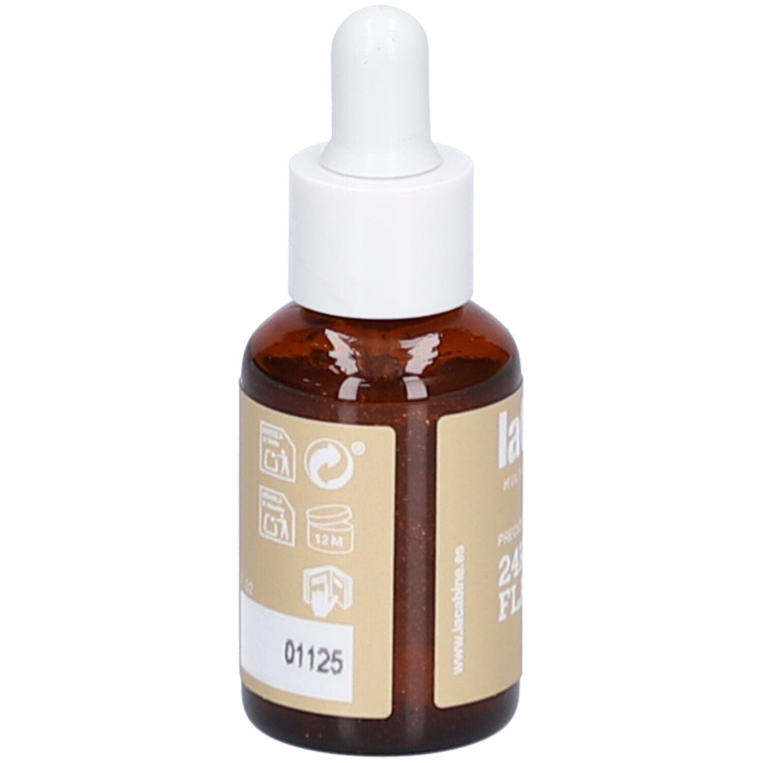 Flacon en verre brun avec compte-gouttes blanc. Étiquette avec informations et pictogrammes. Inscription : 01125.