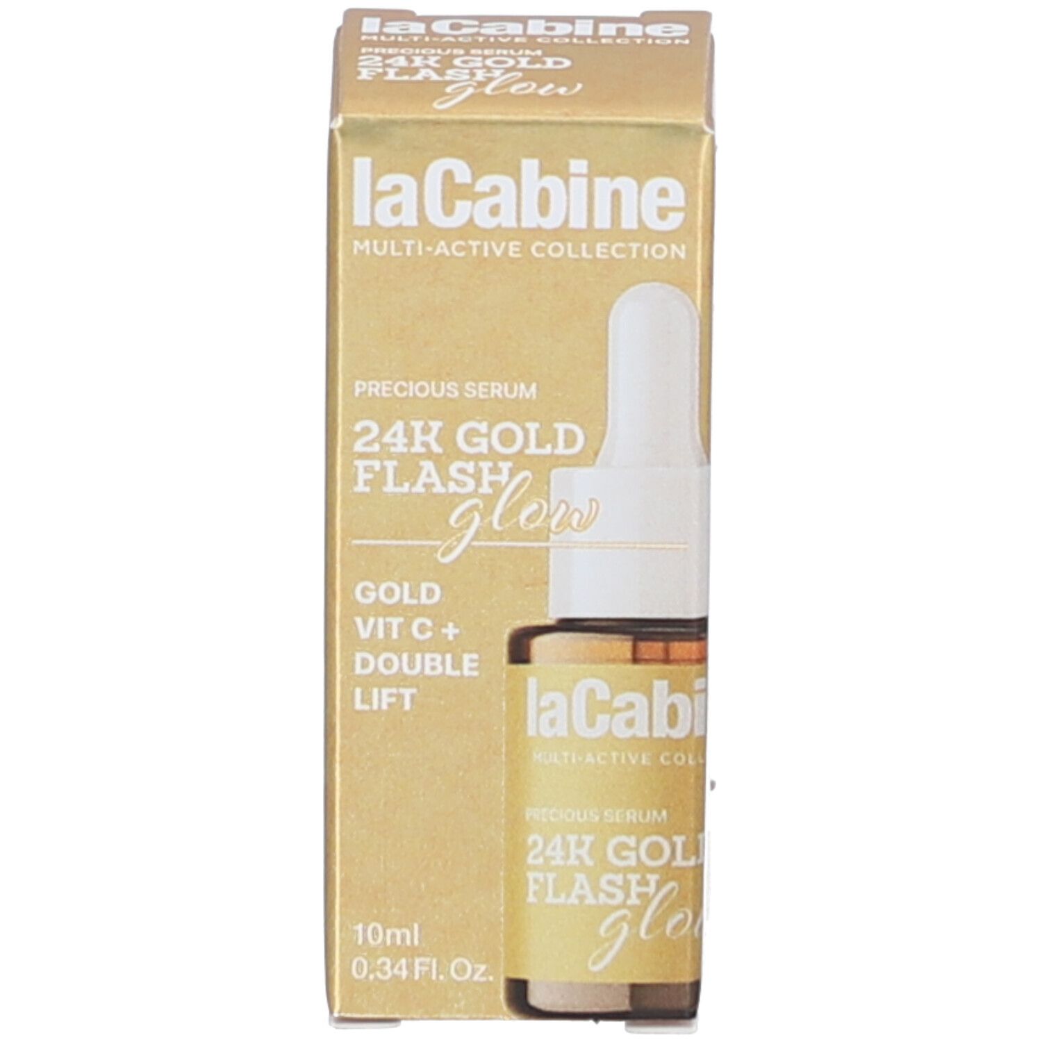 Emballage et flacon. Boîte dorée avec flacon. Inscription : laCabine, 24K Gold Flash Glow, 10ml.