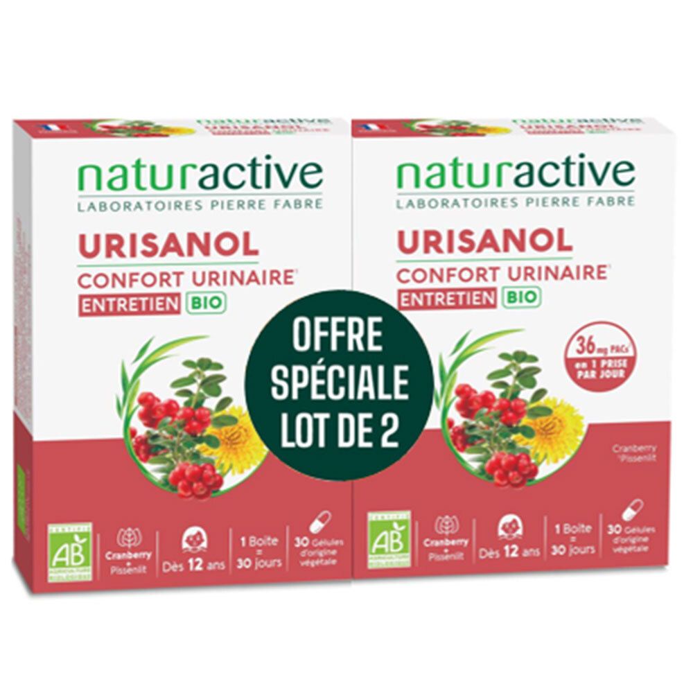 Deux boîtes URISANOL CONF URI ENTR BIO GEL2X30. Boîtes blanches avec nom du produit, logo et illustrations.