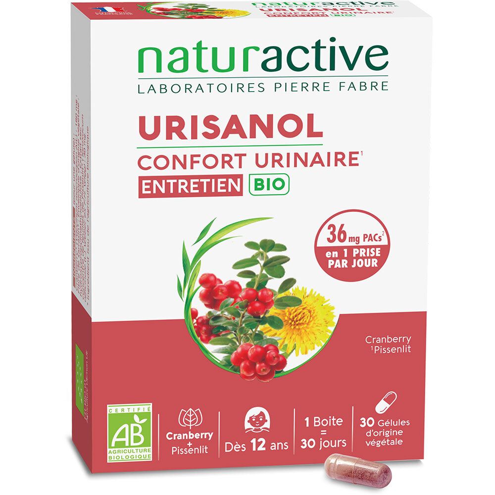 Une boîte URISANOL CONF URI ENTR BIO GEL2X30. Boîte blanche avec nom du produit, logo et illustrations.