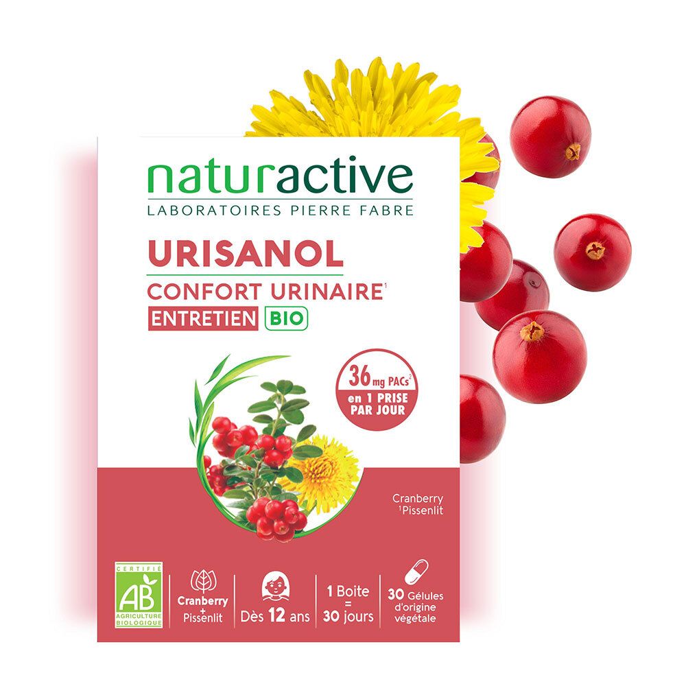 Boîte URISANOL CONF URI ENTR BIO GEL2X30 avec canneberges et fleurs jaunes. Nom et logo du produit visibles.