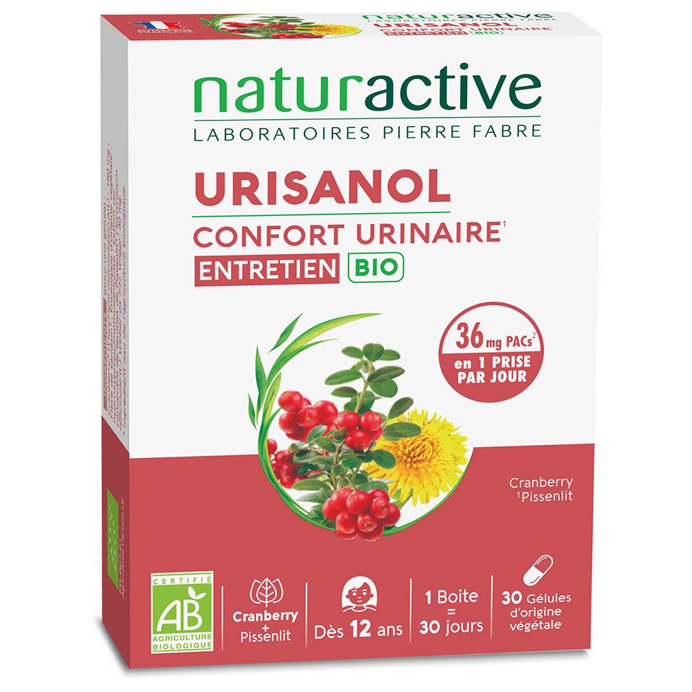 Une boîte URISANOL CONF URI ENTR BIO GEL2X30. Boîte blanche avec nom du produit, logo et illustrations.