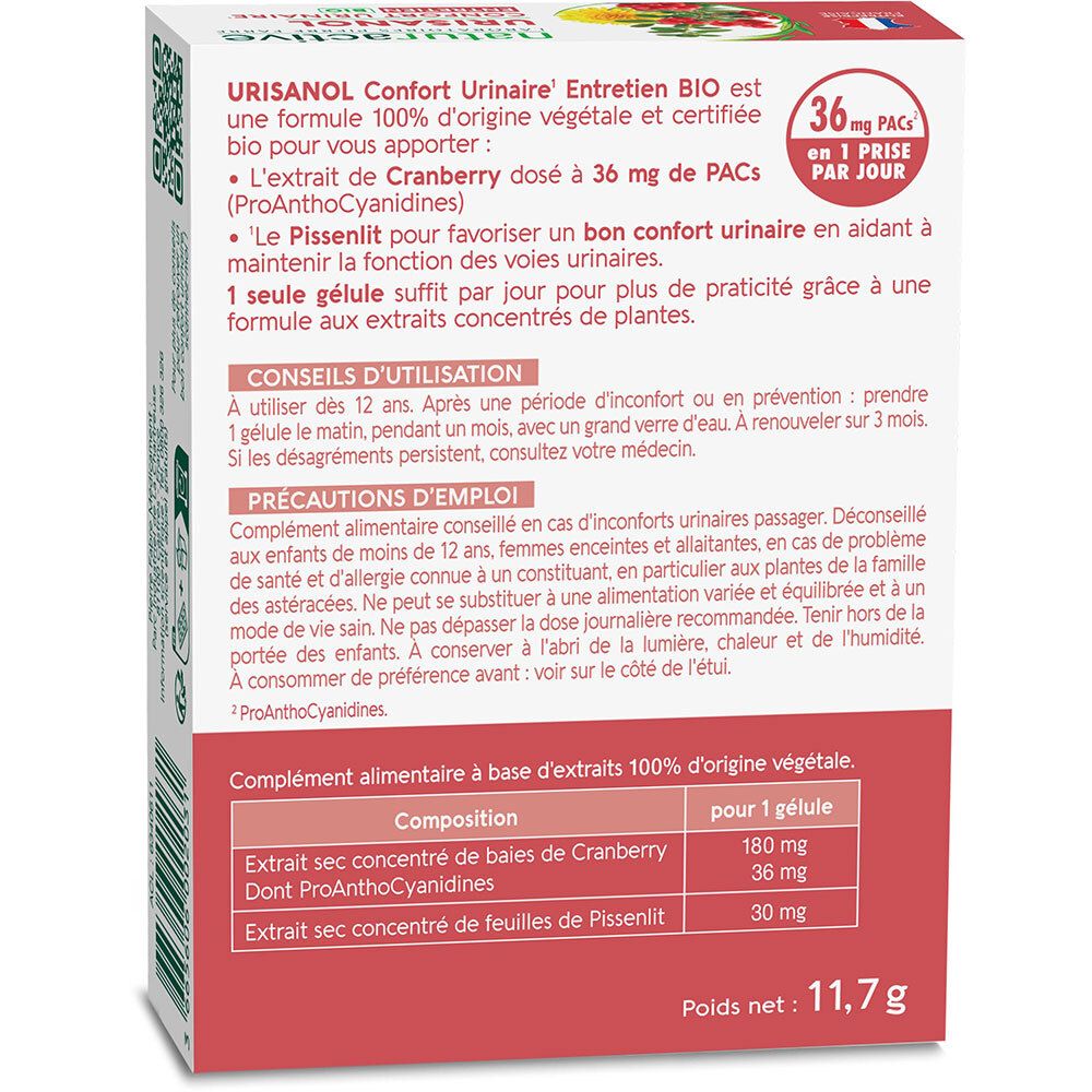 Dos de deux boîtes URISANOL CONF URI ENTR BIO GEL2X30. Informations textuelles et ingrédients.