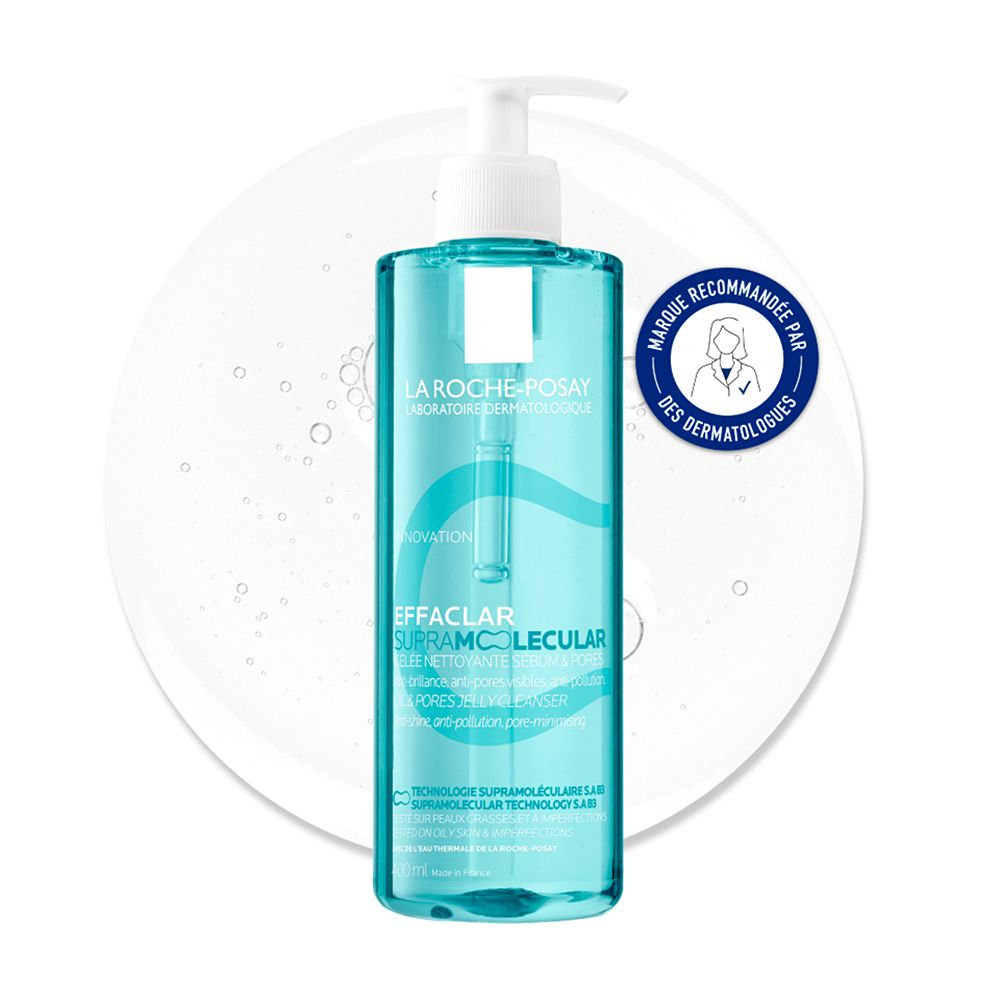 La Roche-Posay Effaclar Gel avec pompe et sceau de dermatologues.