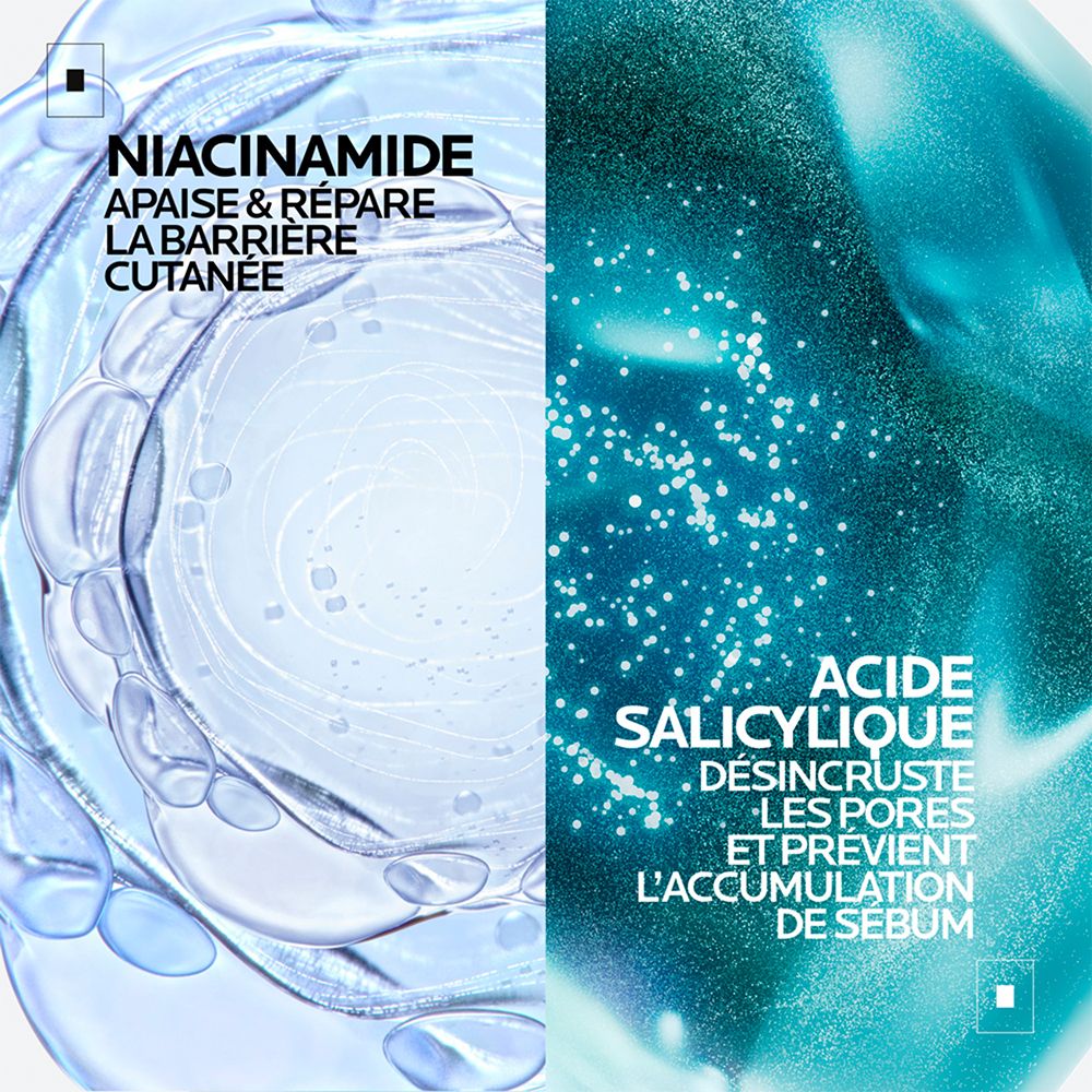 Niacinamide apaise et répare la barrière cutanée. Acide salicylique désincruste les pores.