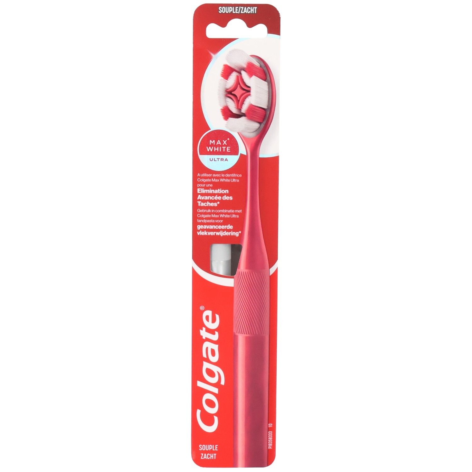 Brosse à dents Colgate Max White Ultra rouge avec tête de poils et applicateur argenté.