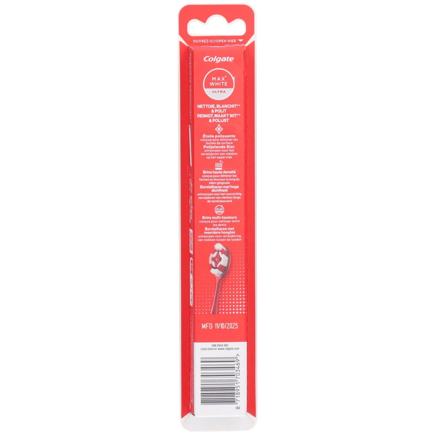 Dos d'un emballage de brosse à dents Colgate Max White Ultra avec informations produit.