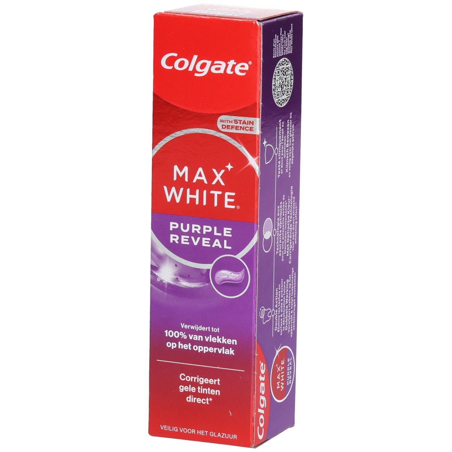 Emballage de dentifrice. Design rouge et blanc avec nom du produit et accents violets. Texte: MAX WHITE PURPLE REVEAL.
