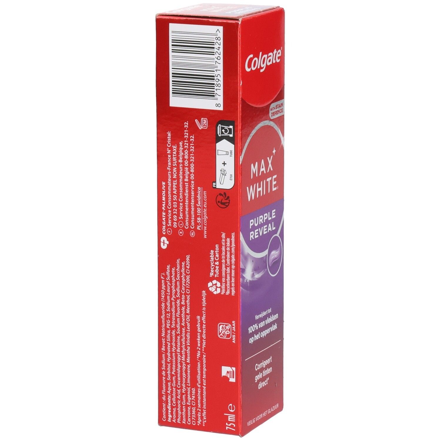 Dos de l'emballage de dentifrice. Design rouge avec informations sur le produit et texte. Comprend un code QR et un symbole de recyclage.