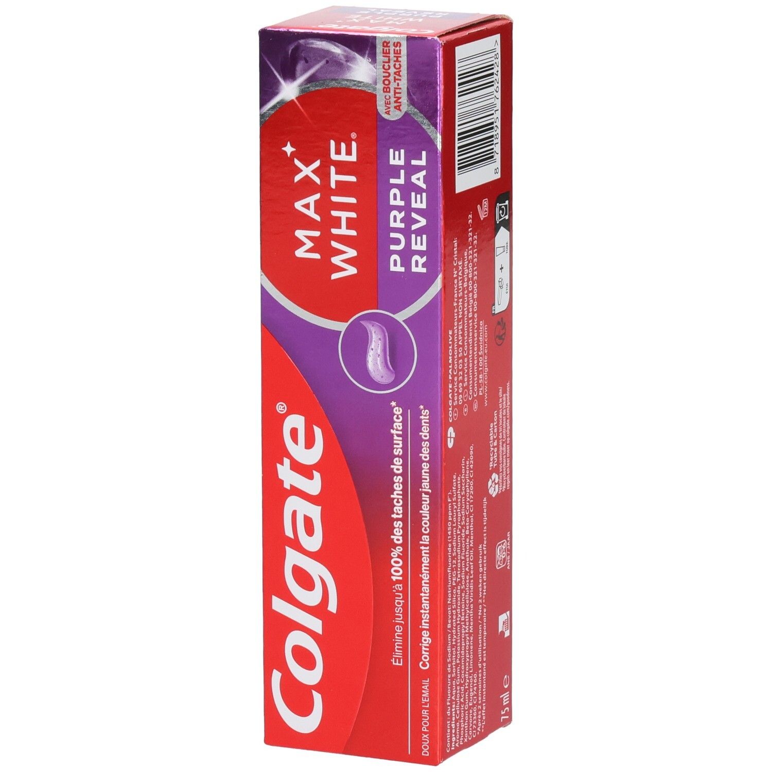 Emballage de dentifrice. Design rouge avec nom du produit et accents violets. Texte: MAX WHITE PURPLE REVEAL.