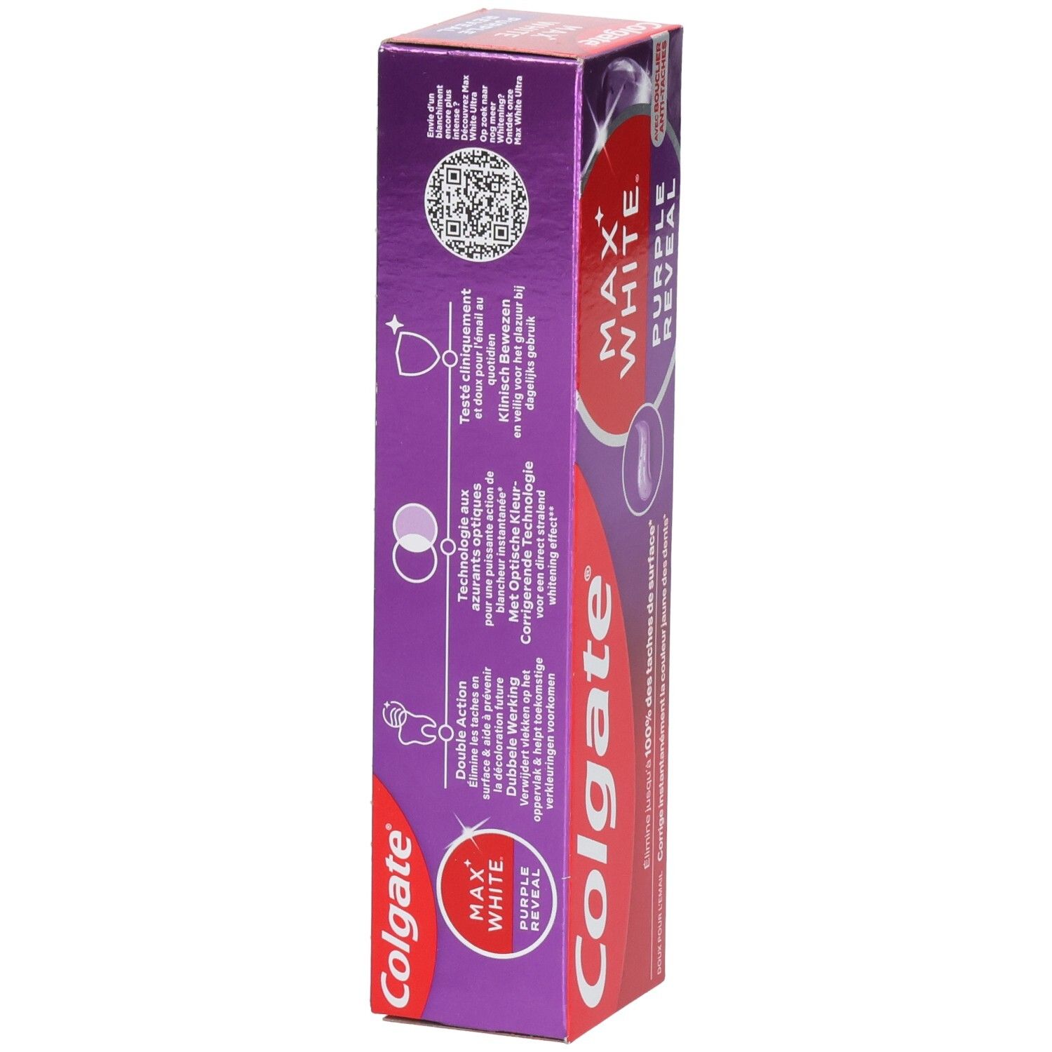 Emballage de dentifrice, vue détaillée. Design violet et rouge avec informations sur le produit et texte. Contient des illustrations.