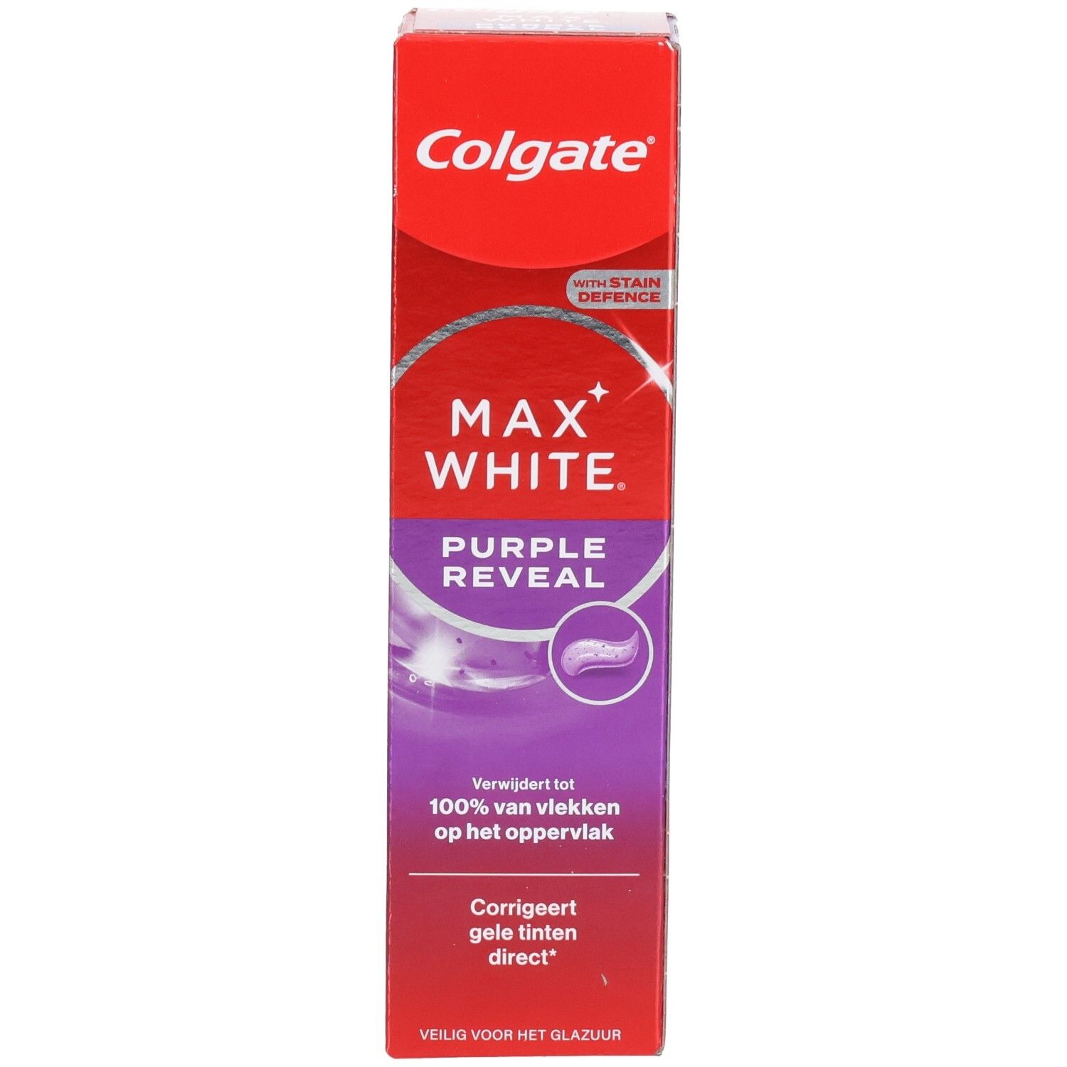Emballage de dentifrice. Design rouge avec nom du produit et accents violets. Texte: MAX WHITE PURPLE REVEAL.