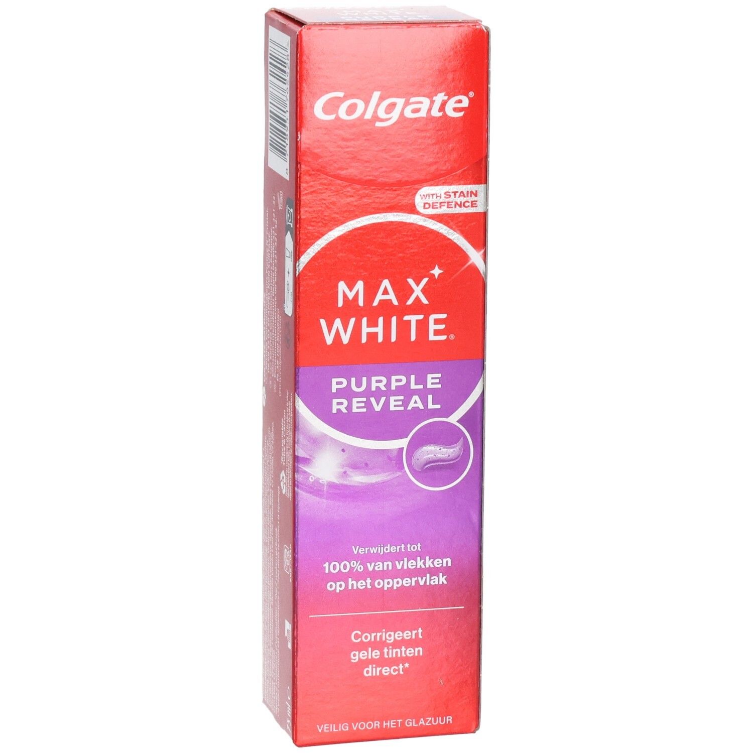 Emballage de dentifrice. Design rouge avec nom du produit et accents violets. Texte: MAX WHITE PURPLE REVEAL.