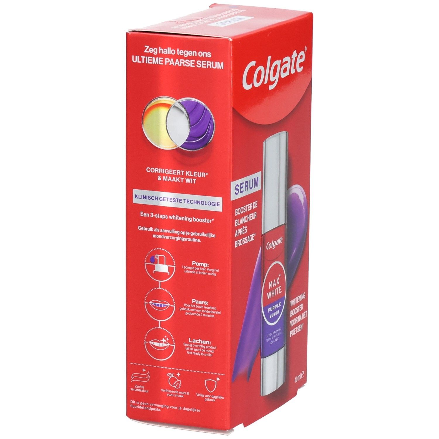Dos de l'emballage rouge Colgate. Texte et illustrations. Produit: MAX WHITE PURPLE SERUM. Technologie testée cliniquement.