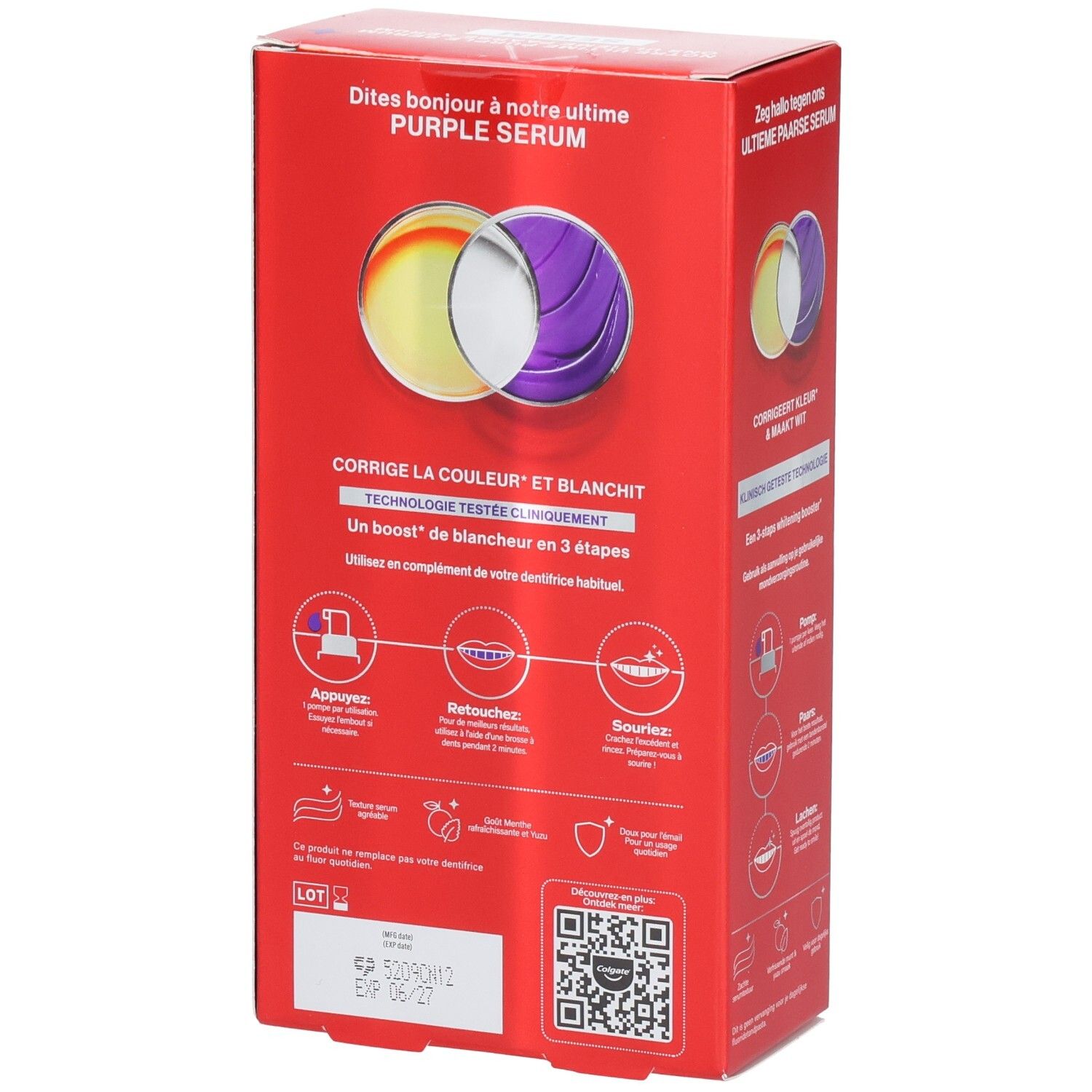 Dos de l'emballage rouge Colgate. Texte et illustrations. Produit: MAX WHITE PURPLE SERUM. Date de péremption.