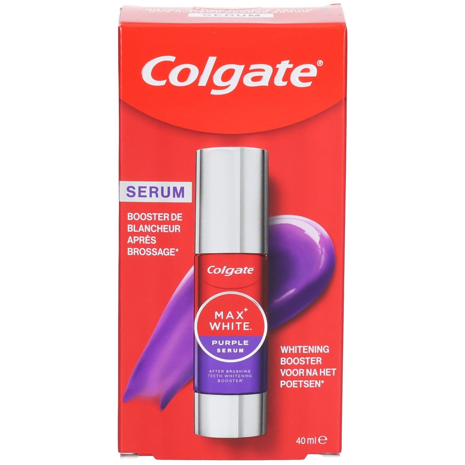 Emballage rouge Colgate. Flacon de sérum violet. Texte: MAX WHITE PURPLE SERUM. Booster de blancheur après brossage.