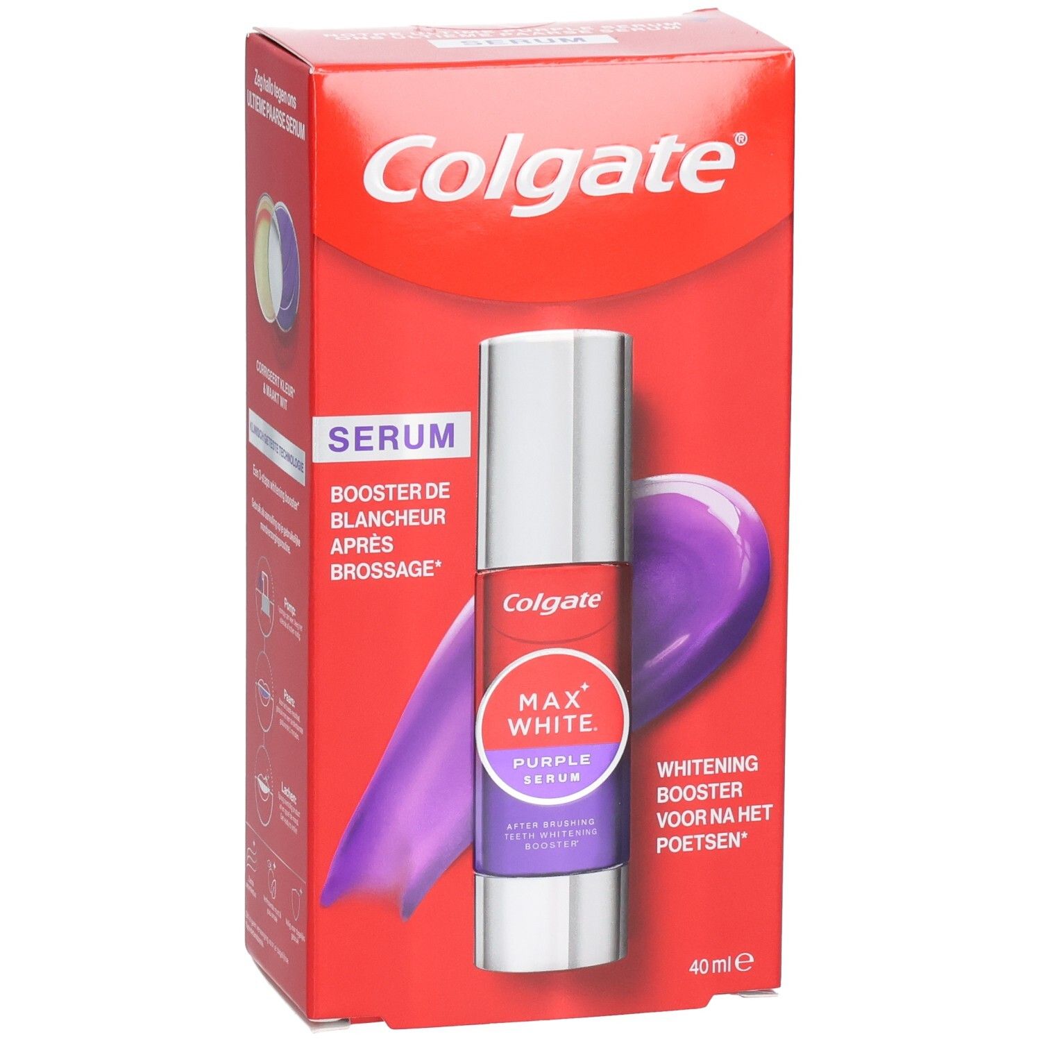 Emballage rouge Colgate. Flacon de sérum violet. Texte: MAX WHITE PURPLE SERUM. Booster de blancheur après brossage.