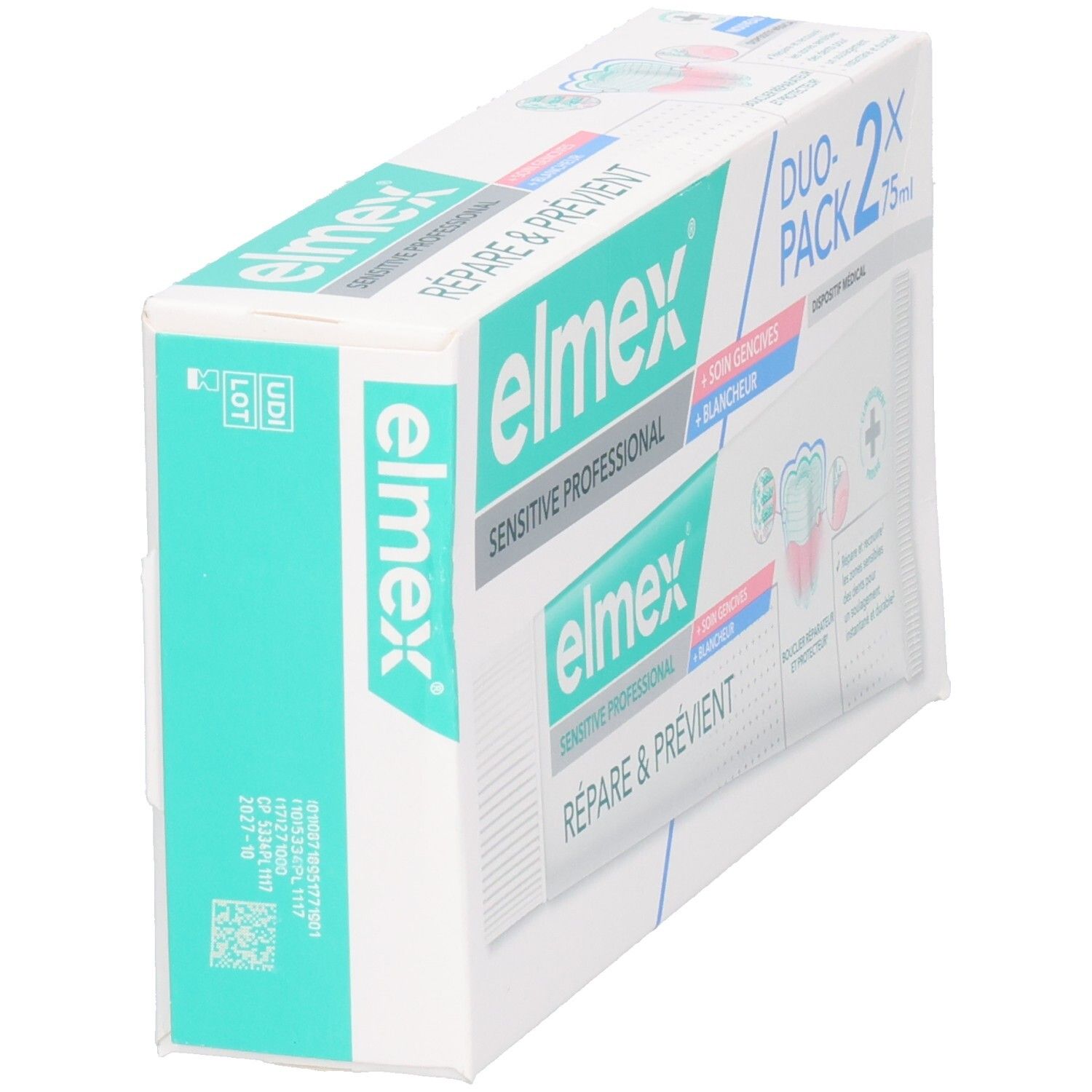 Pack duo de dentifrice. Elmex Sensitive Professional. Inscription: Répare & Prévient, Soin Gencives + Blancheur. Vue de côté.