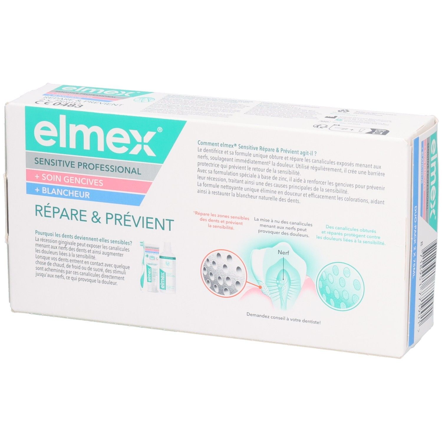 Pack duo de dentifrice. Elmex Sensitive Professional. Inscription: Répare & Prévient, Soin Gencives + Blancheur. Dos avec texte et illustrations.