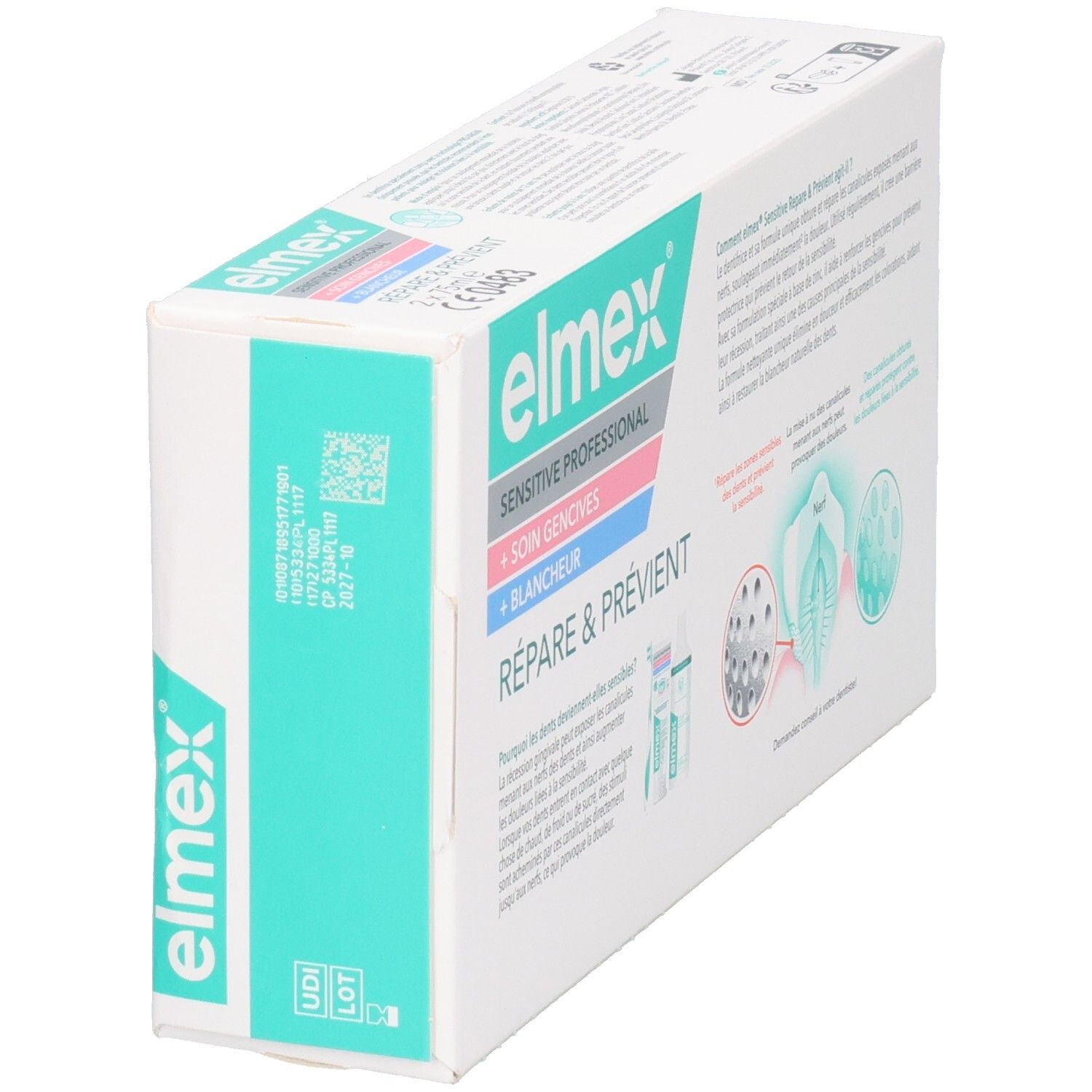 Pack duo de dentifrice. Elmex Sensitive Professional. Inscription: Répare & Prévient, Soin Gencives + Blancheur. Vue de côté.