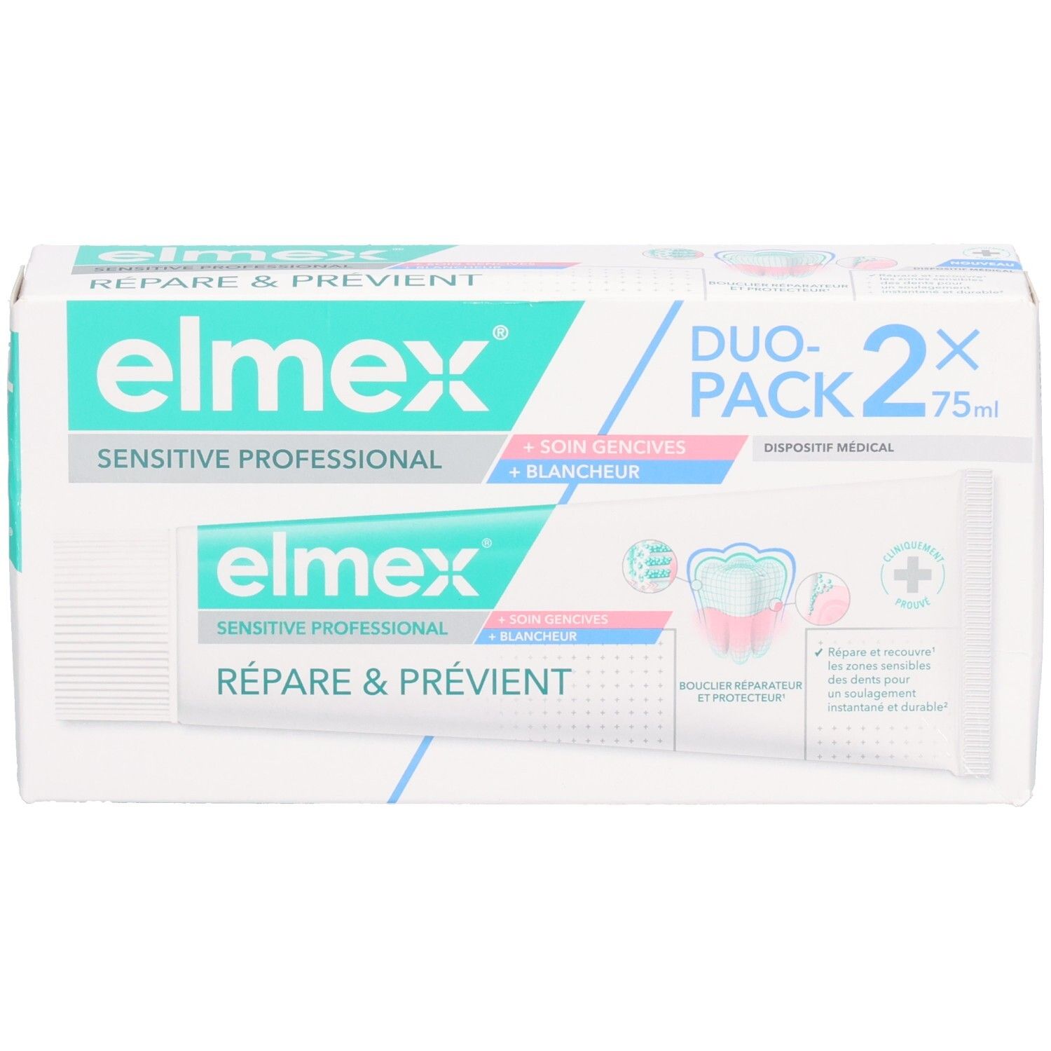 Pack duo de dentifrice. Elmex Sensitive Professional. Contient deux tubes. Inscription: Répare & Prévient, Soin Gencives + Blancheur.