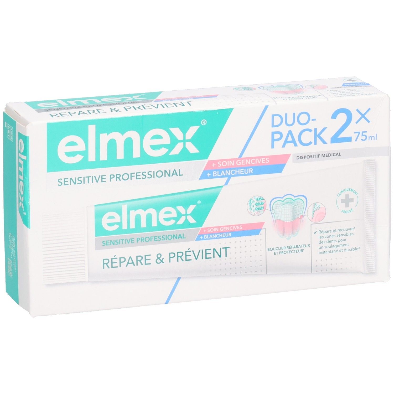 Pack duo de dentifrice. Elmex Sensitive Professional. Contient deux tubes. Inscription: Répare & Prévient, Soin Gencives + Blancheur.