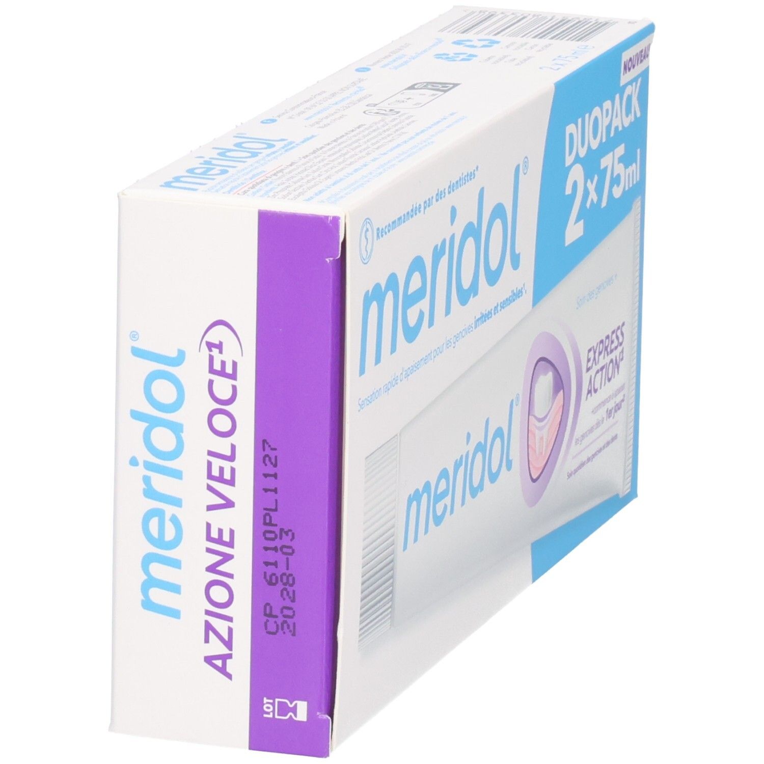 Meridol Duopack dentifrice, 2x75ml, vue latérale.