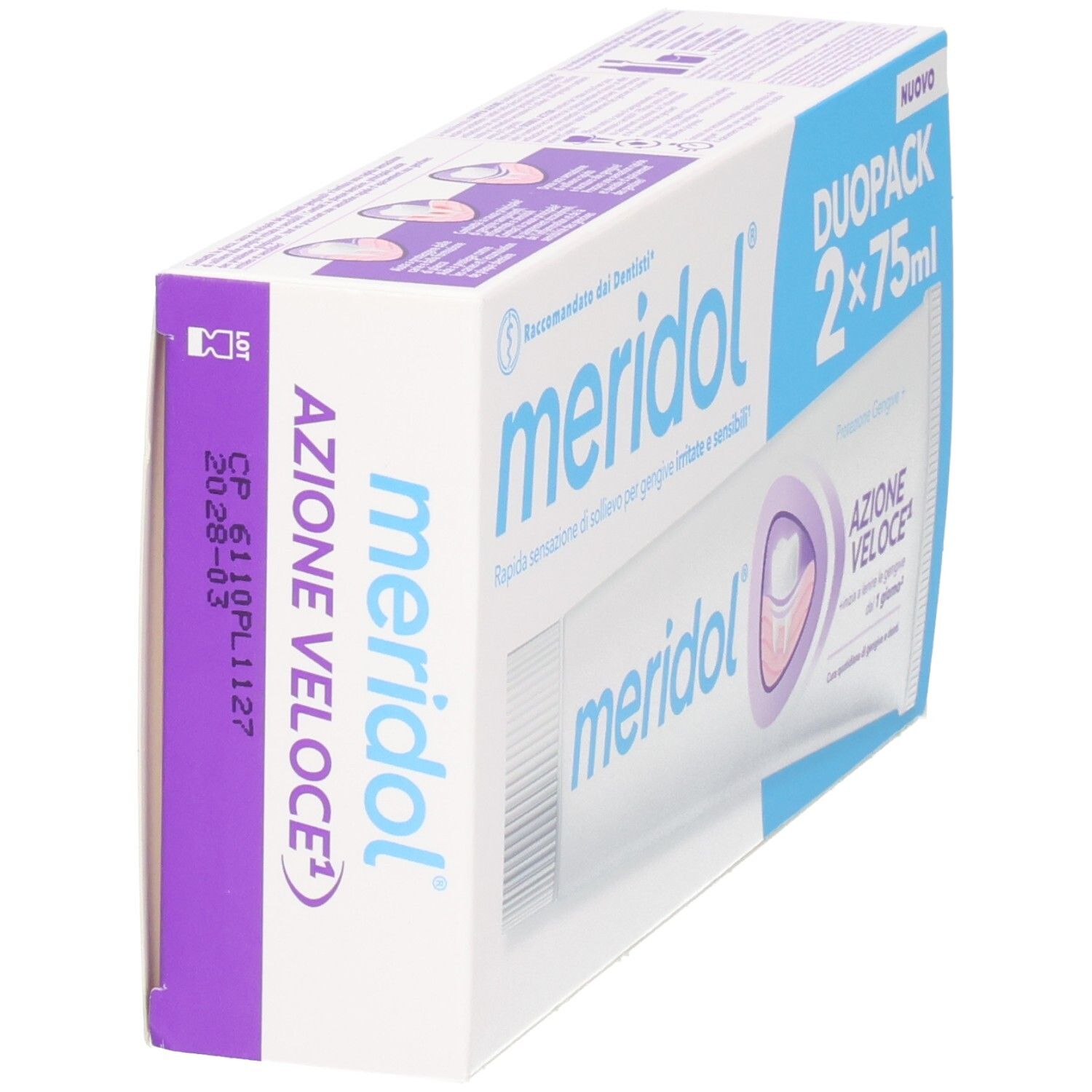 Meridol Duopack dentifrice, 2x75ml, vue latérale.