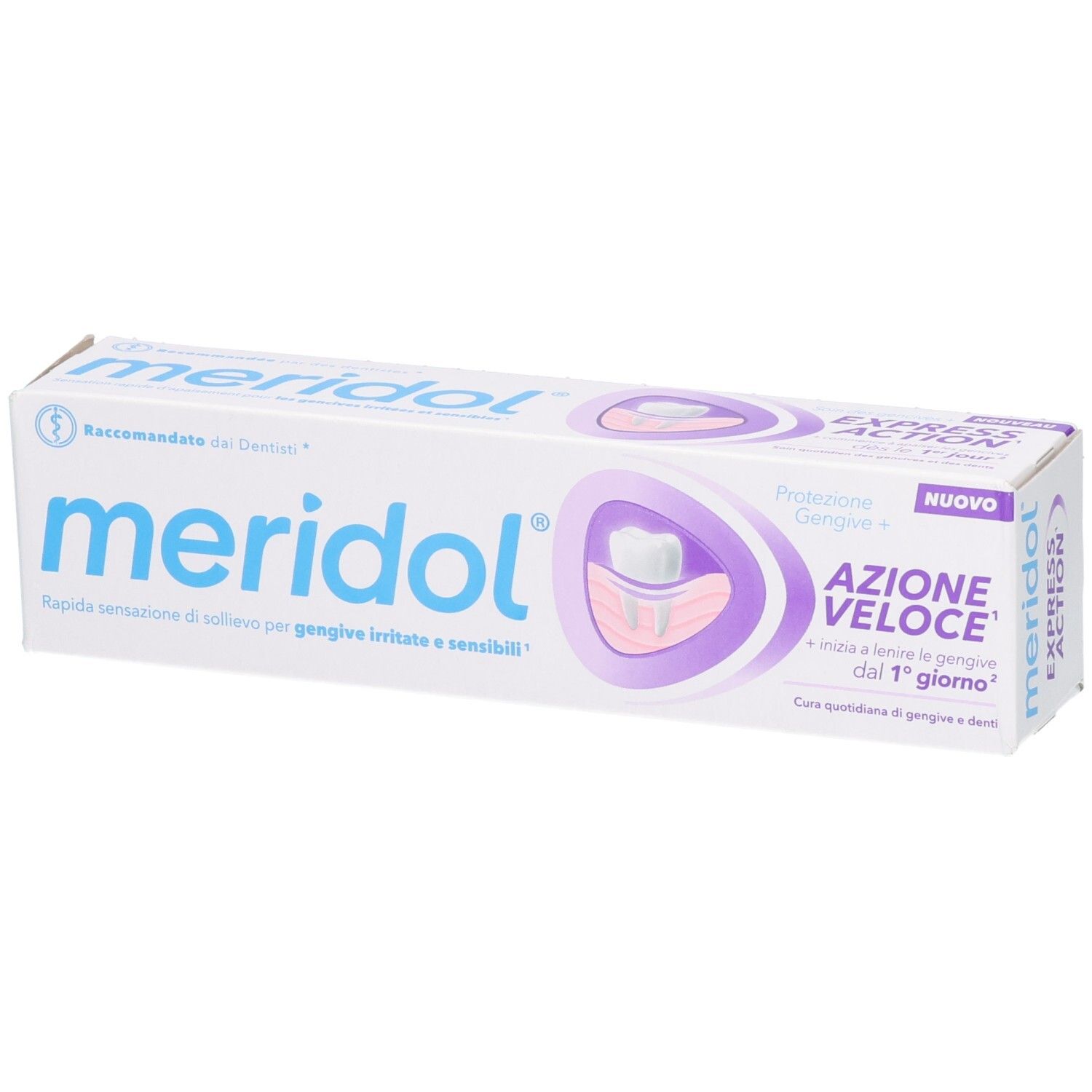 Emballage de dentifrice blanc et violet. Inscription 'meridol' et 'AZIONE VELOCE'. Illustration d'une dent.