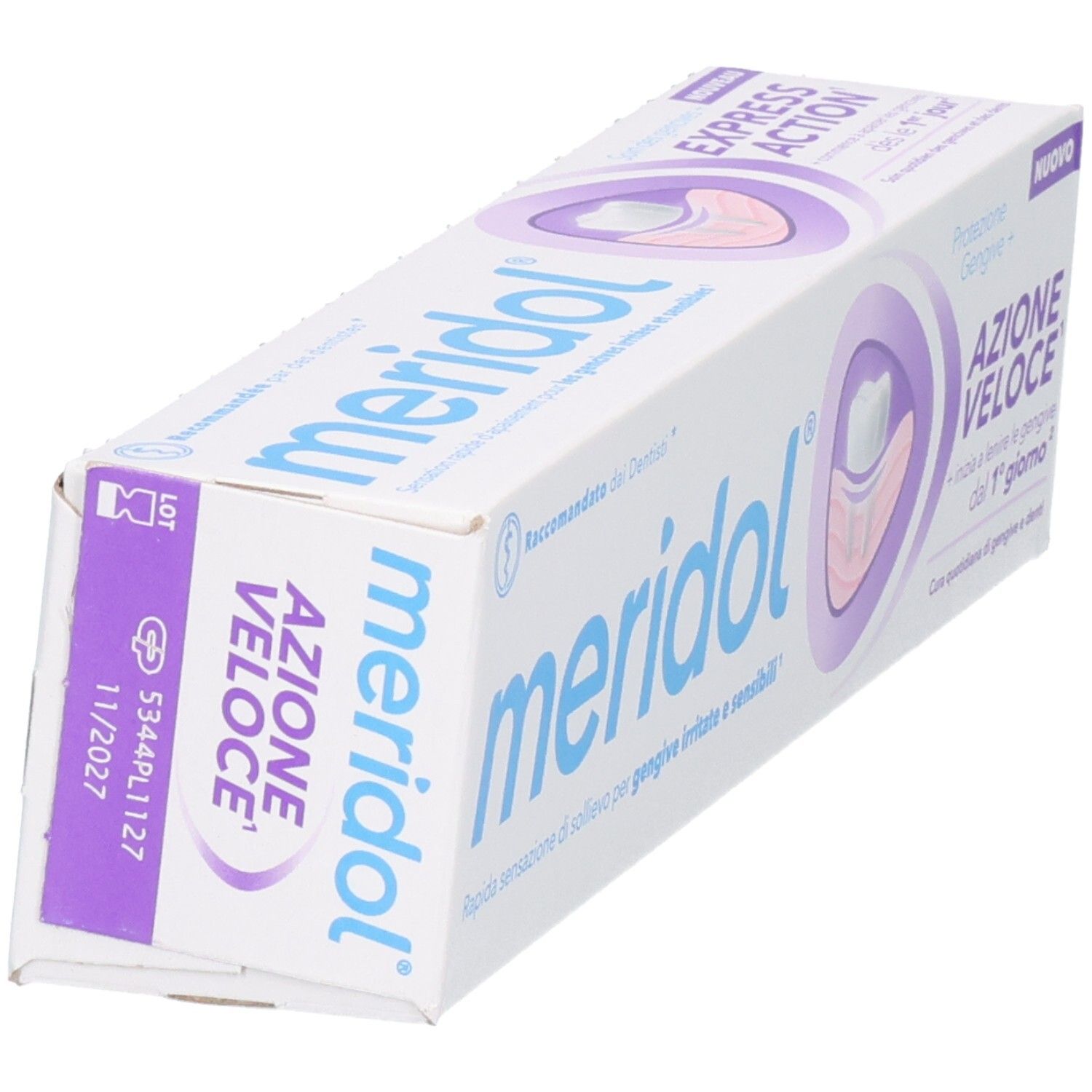 Emballage de dentifrice blanc et violet. Inscription 'meridol' et 'AZIONE VELOCE'. Vue latérale.
