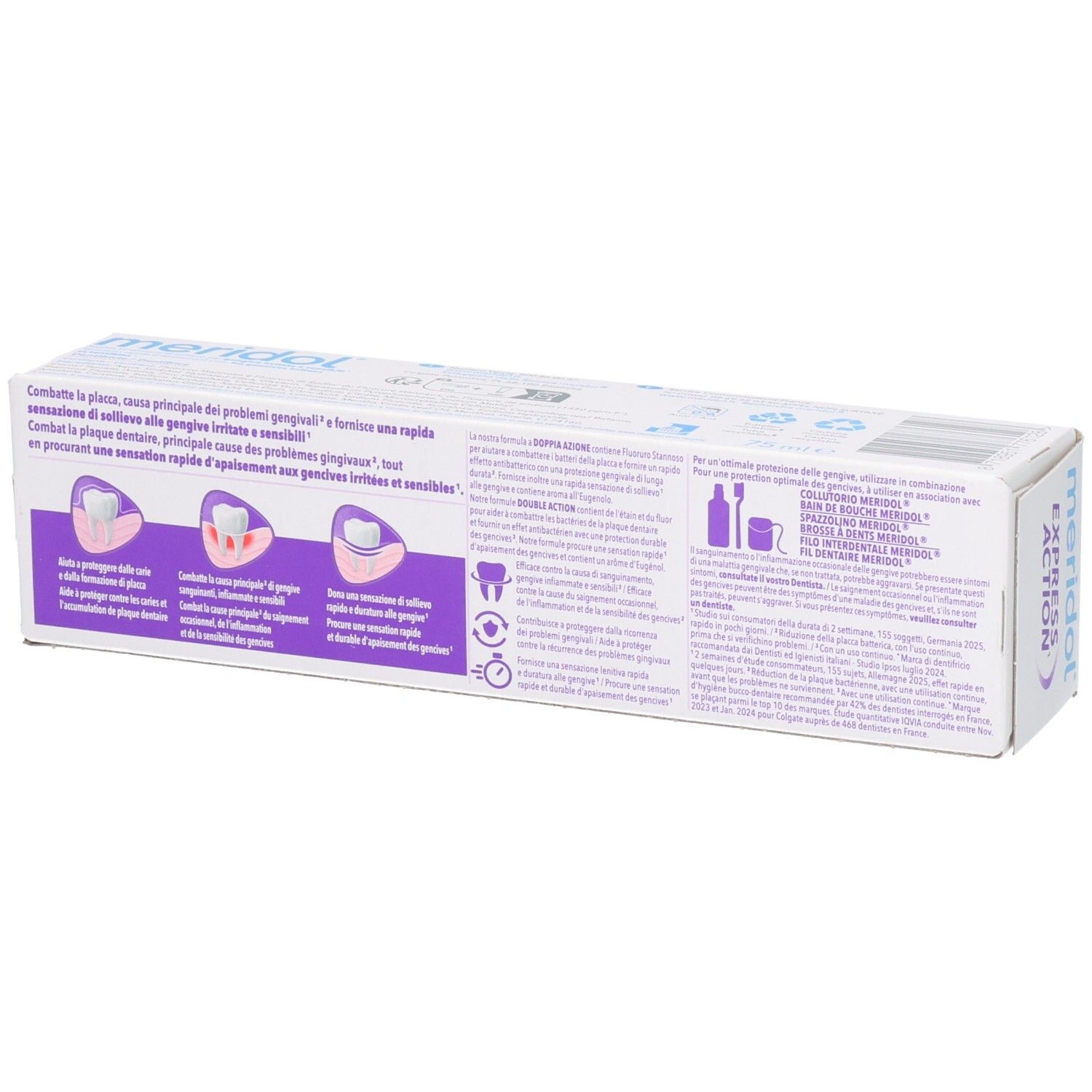Dos de l'emballage de dentifrice. Texte multilingue. Illustrations de dents et de gencives.