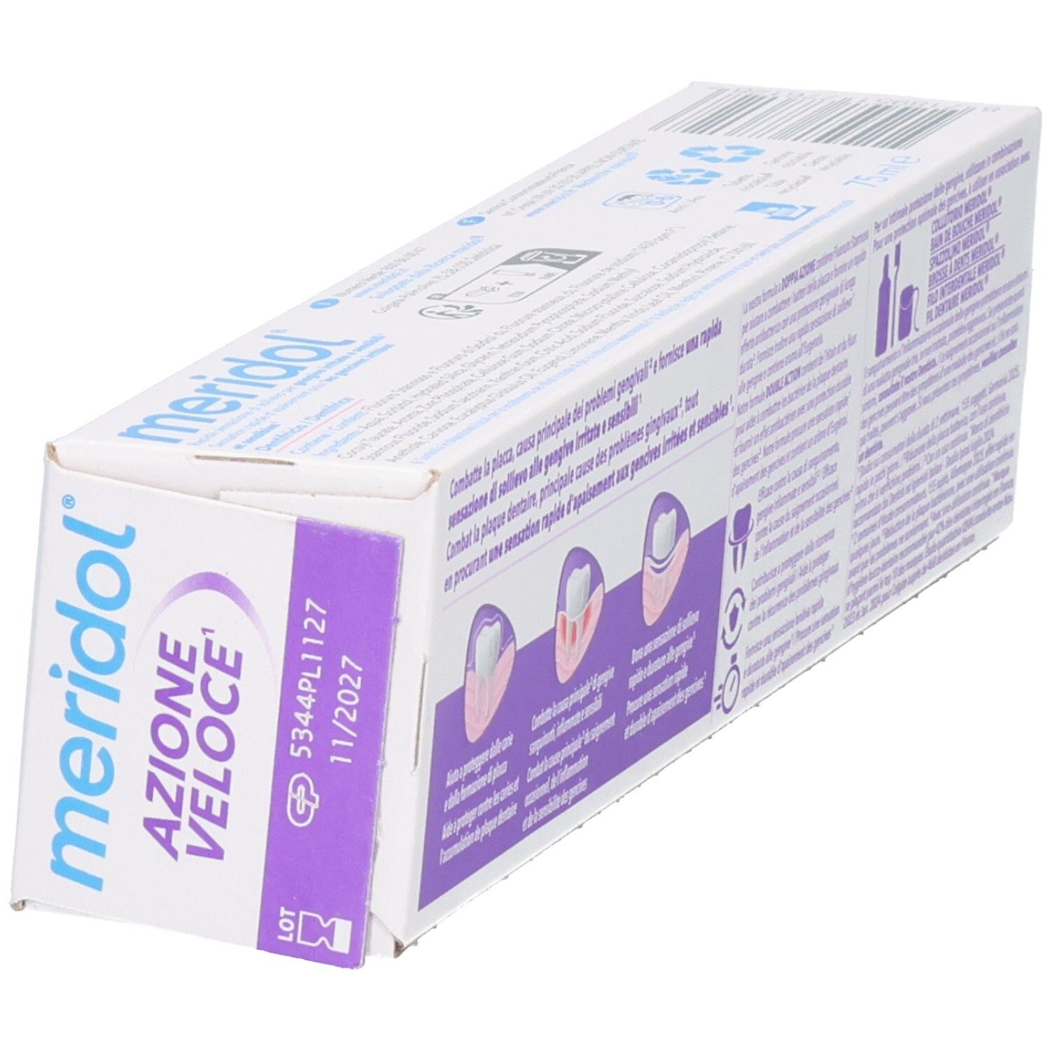 Emballage de dentifrice, dos. Texte et illustrations. 'AZIONE VELOCE' et date de péremption.
