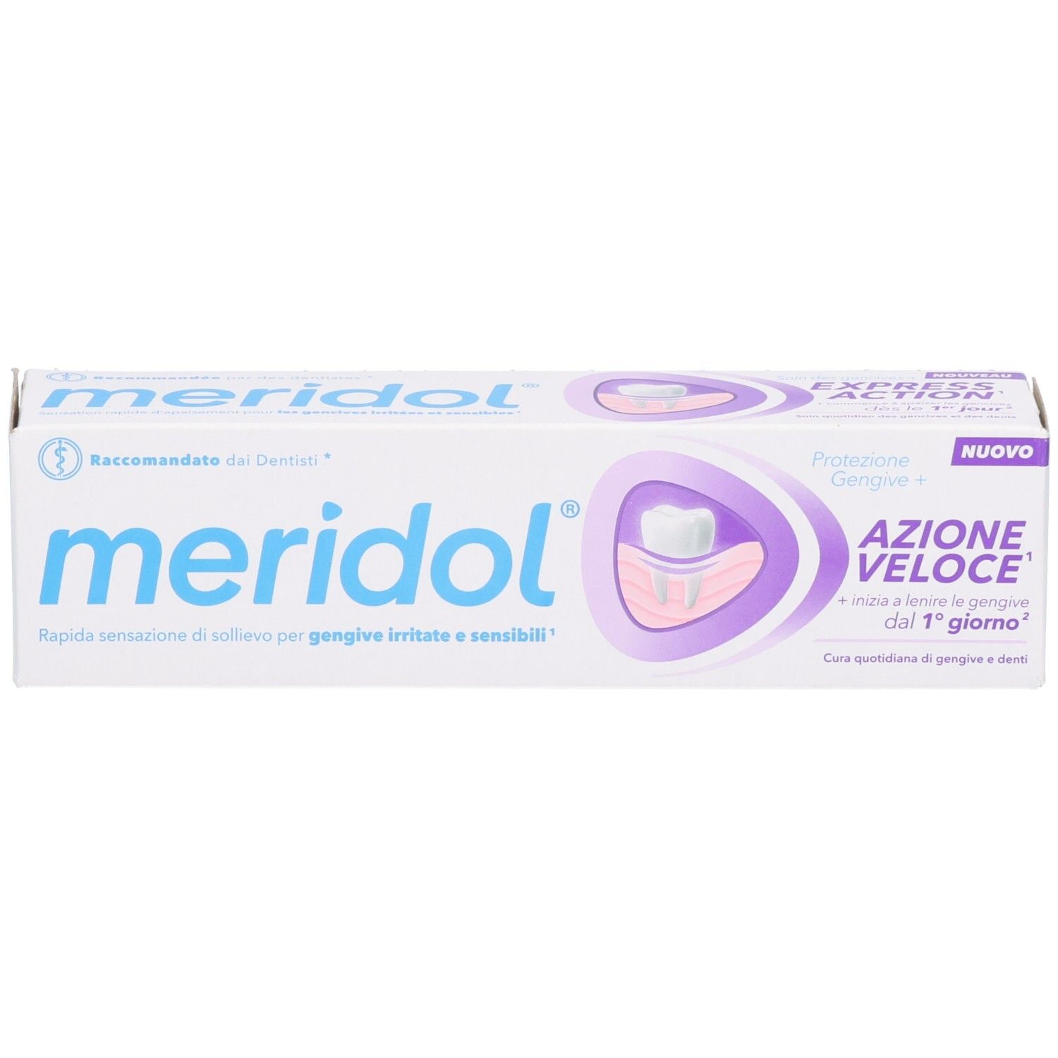 Emballage de dentifrice blanc et violet. Inscription 'meridol' et 'AZIONE VELOCE'. Illustration d'une dent.