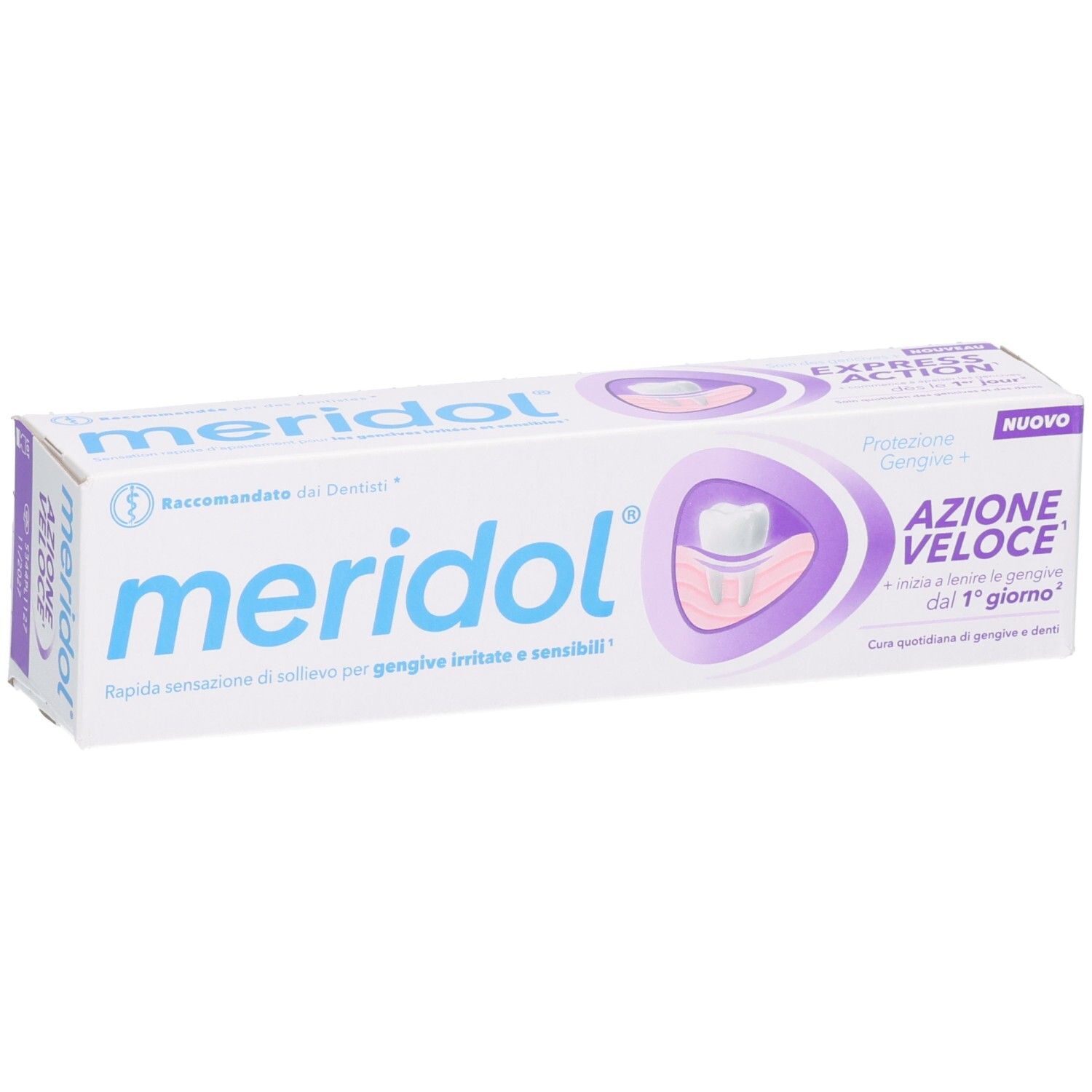 Emballage de dentifrice blanc et violet. Inscription 'meridol' et 'AZIONE VELOCE'. Illustration d'une dent.