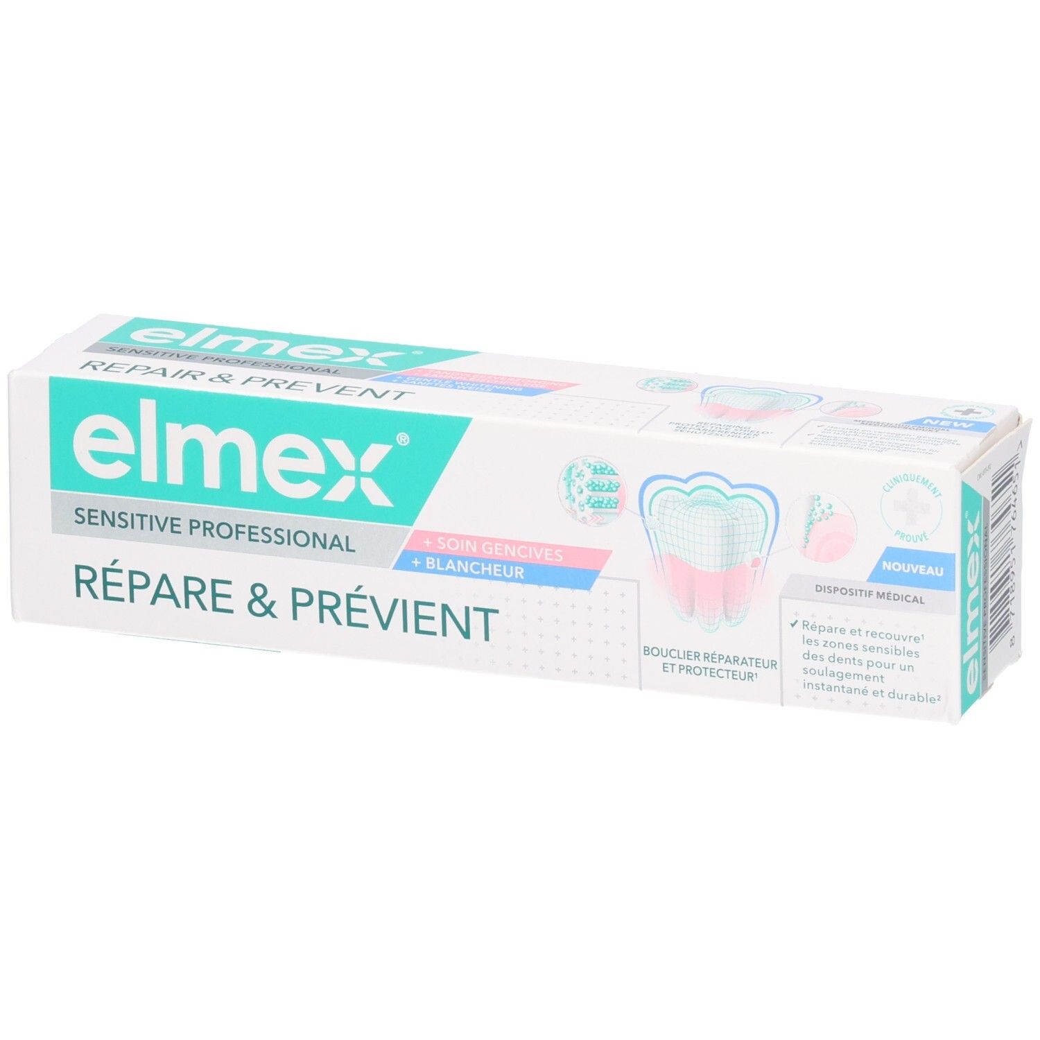 Emballage de dentifrice Elmex Sensitive Professional. Boîte blanche et turquoise avec nom et caractéristiques du produit.