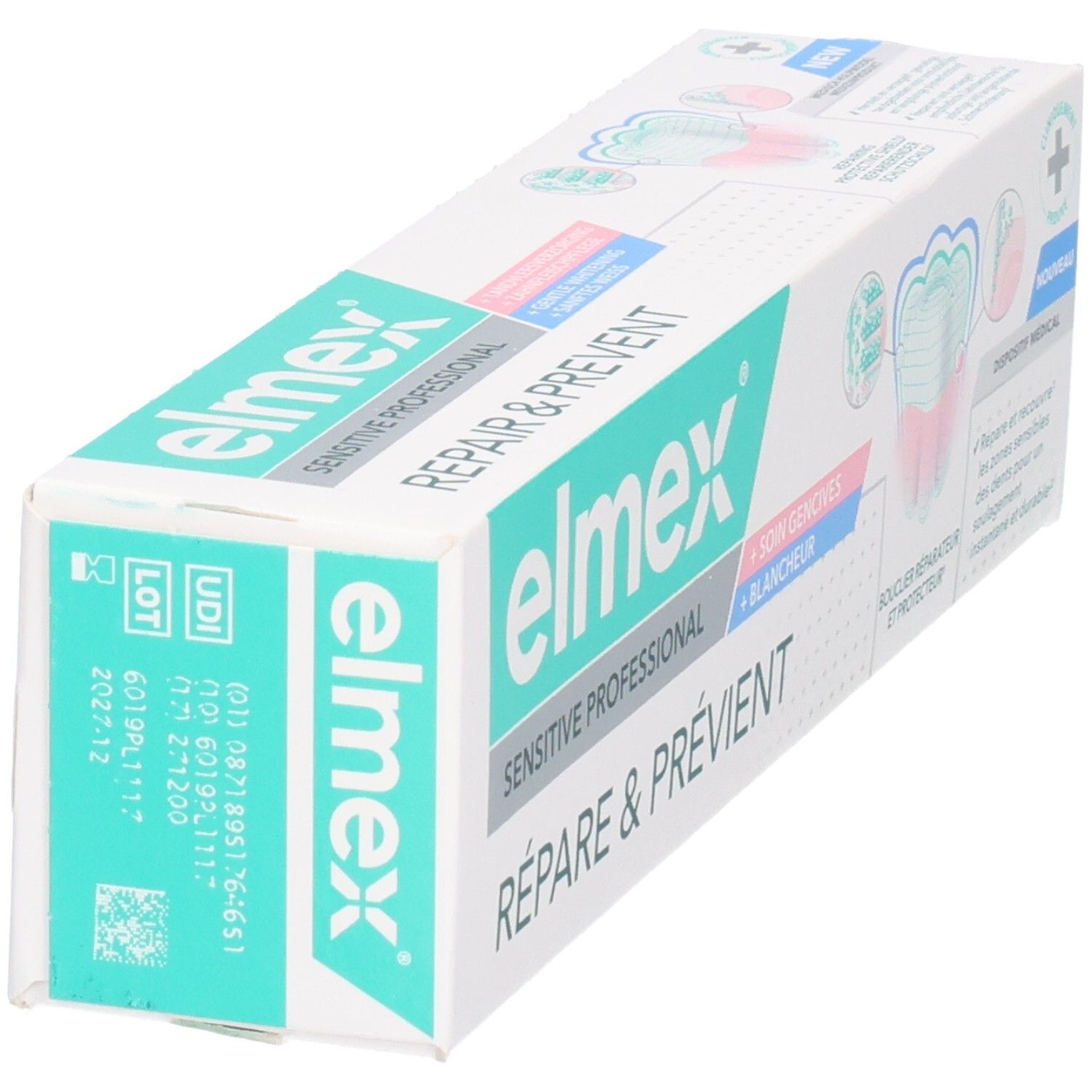 Emballage de dentifrice Elmex Sensitive Professional. Boîte en vue oblique, avec nom du produit et informations de lot.