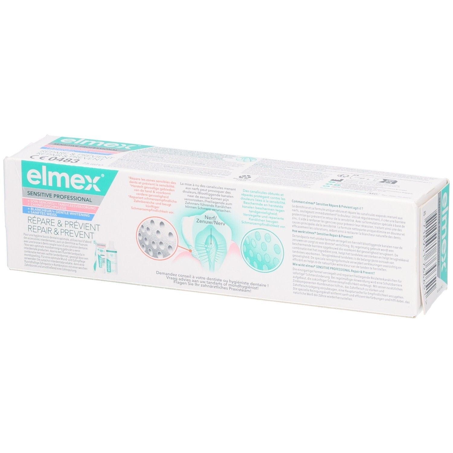 Dos de l'emballage du dentifrice Elmex Sensitive Professional. Texte et illustrations sur fond blanc.