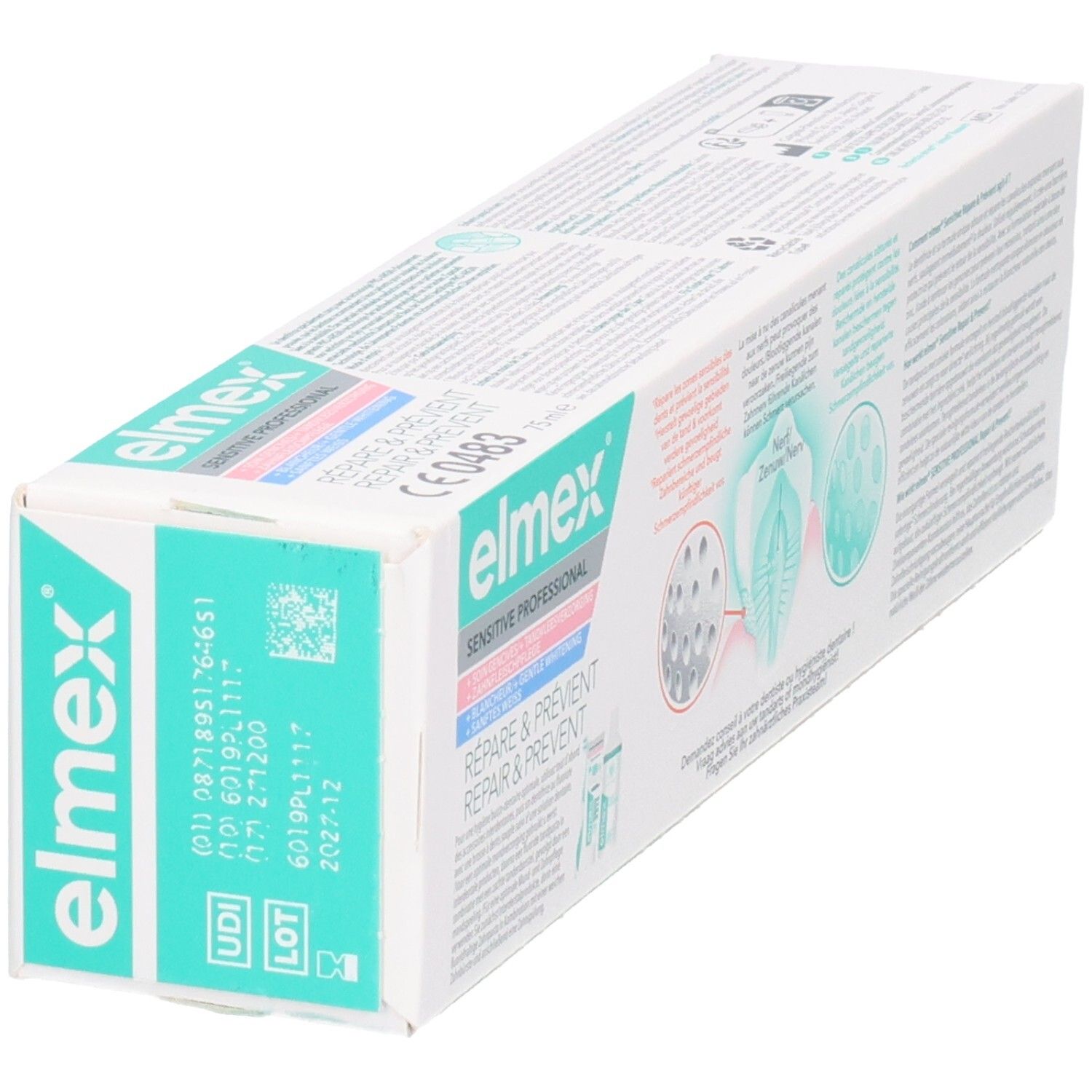 Emballage de dentifrice Elmex Sensitive Professional. Boîte en vue oblique, avec nom du produit et informations de lot.