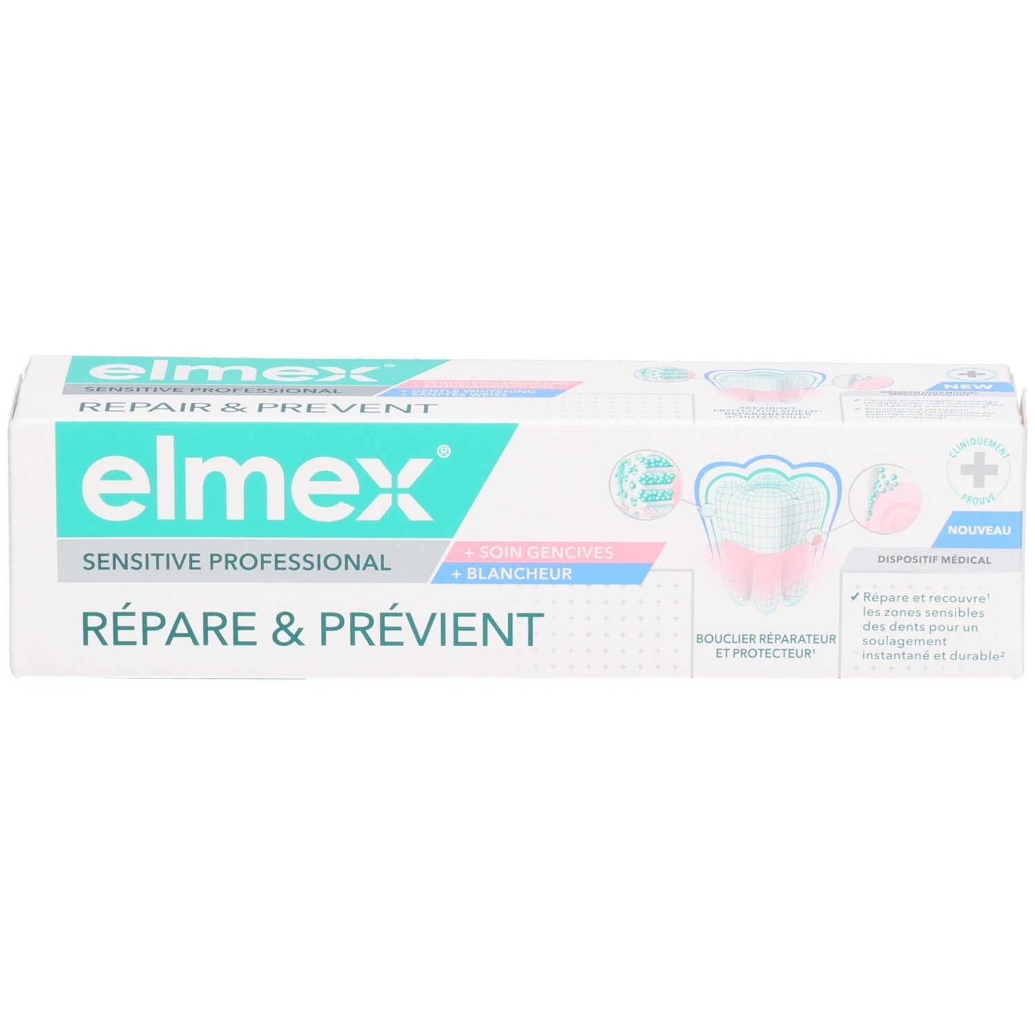 Emballage de dentifrice Elmex Sensitive Professional. Boîte blanche et turquoise avec nom et caractéristiques du produit.