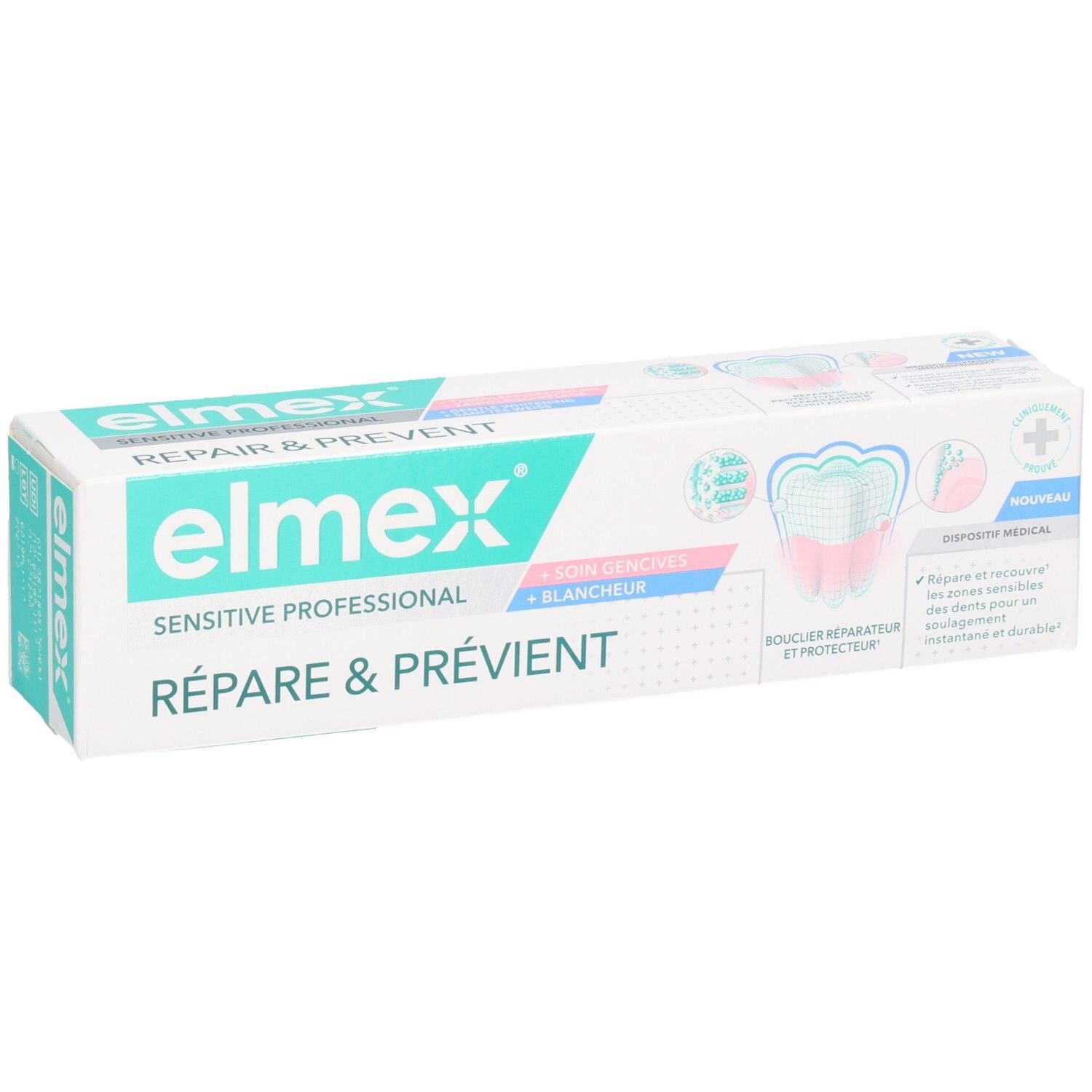 Emballage de dentifrice Elmex Sensitive Professional. Boîte blanche et turquoise avec nom et caractéristiques du produit.