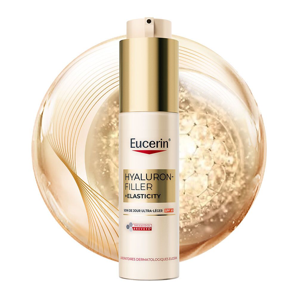 Eucerin Hyaluron-Filler + Elasticity. Flacon crème avec bouchon doré. Fond avec lignes dorées.