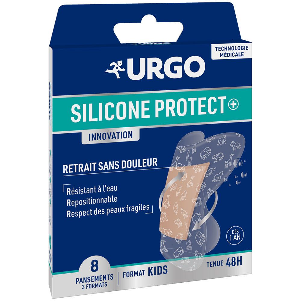Boîte bleue et blanche URGO Silicone Protect+ Kids. 8 pansements, 3 formats. Inscription: Retrait sans douleur, Tenue 48H.