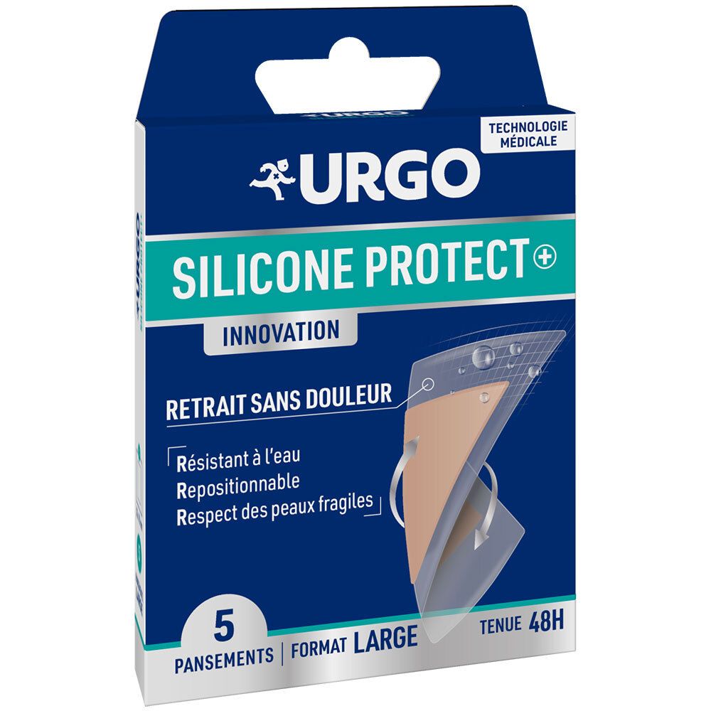 Boîte bleue et blanche URGO SILICONE PROTECT+. Contient 5 pansements, Format Large. Inscription: Retrait sans douleur, Tenue 48H.