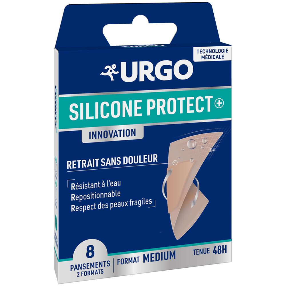 Boîte bleue et blanche URGO SILICONE PROTECT+. Contient 8 pansements, Format Medium. Texte: Retrait sans douleur, Tenue 48H.