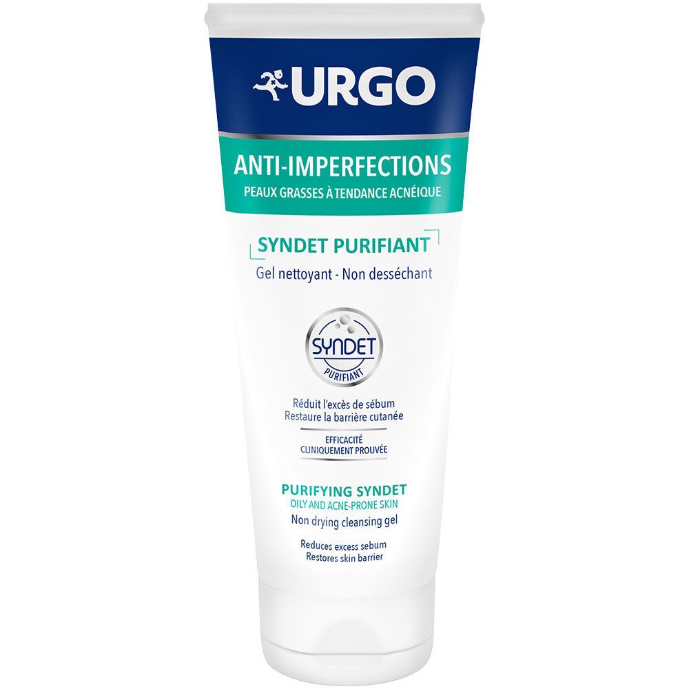 Tube blanche et bleue. Logo URGO. Inscription "ANTI-IMPERFECTIONS" et "SYNDET PURIFIANT". Produit pour peaux grasses à tendance acnéique.