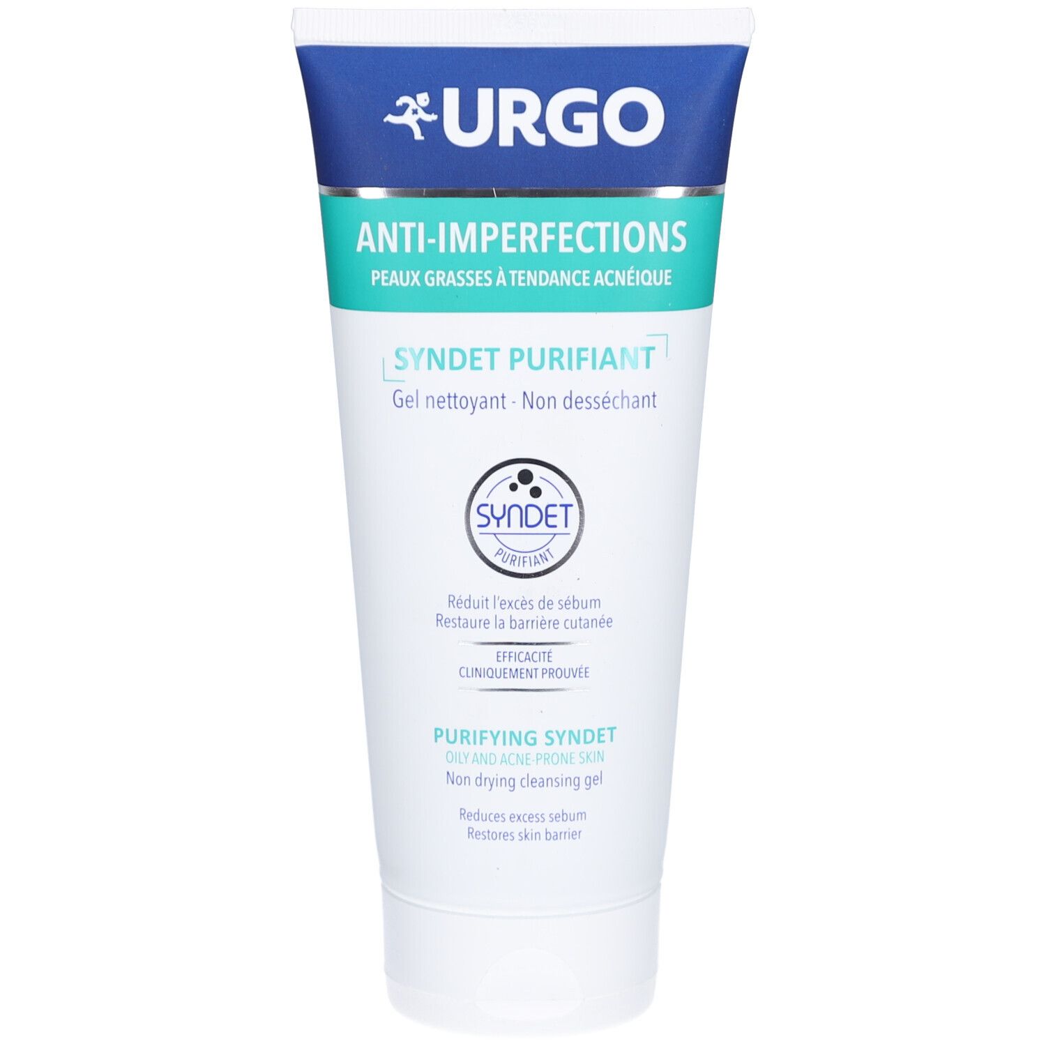Tube de gel nettoyant. Inscription « ANTI-IMPERFECTIONS » et « SYNDET PURIFIANT ». Marque URGO.