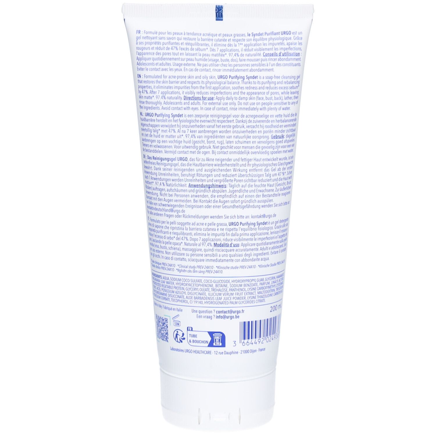 Dos du tube. Texte multilingue. Nom du produit et informations du fabricant.