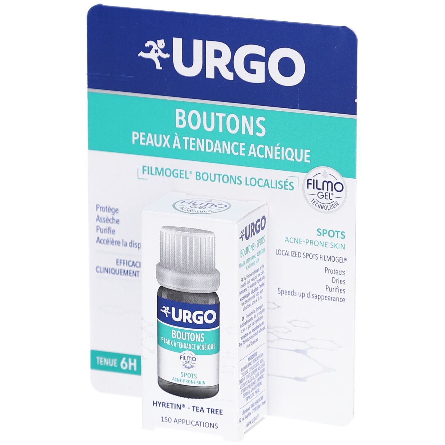 Emballage produit et flacon. Inscriptions: URGO, Boutons, Filmogel, Spots. Flacon avec bouchon à vis.