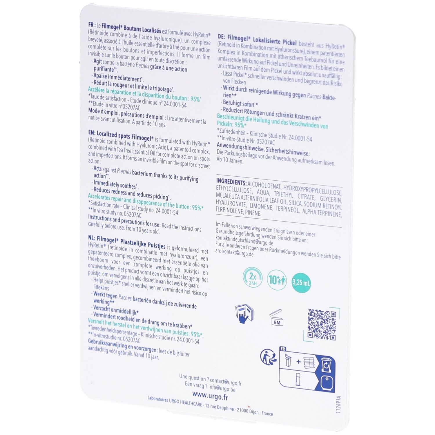 Dos de l'emballage produit. Texte multilingue. Illustrations des étapes d'utilisation et des ingrédients.